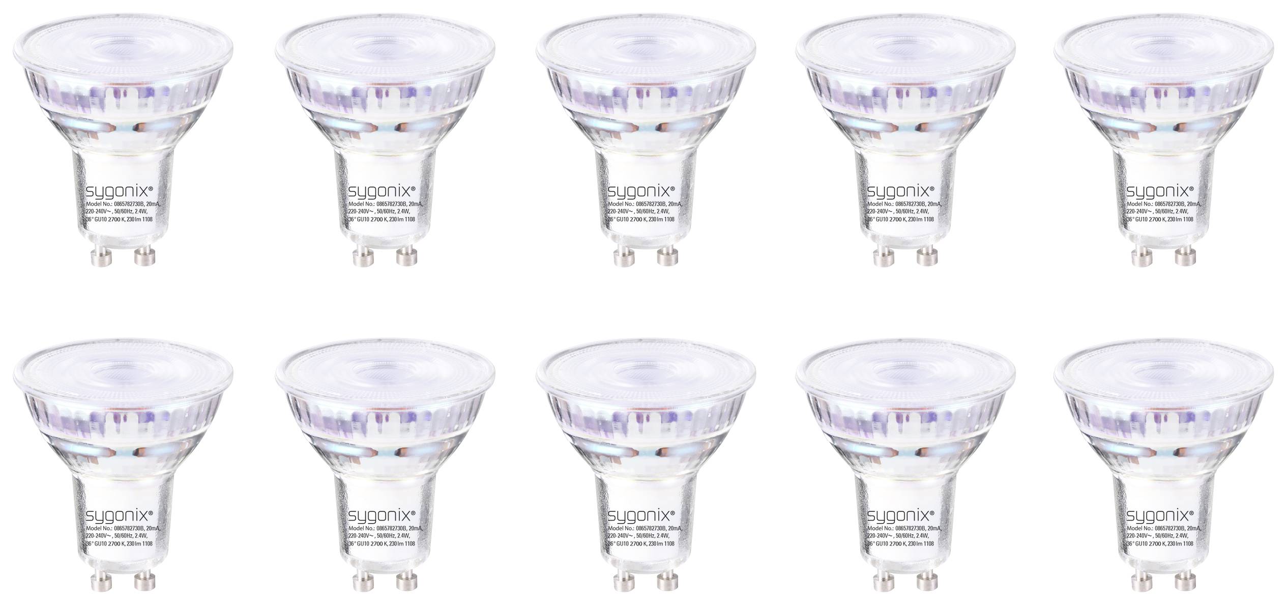 Dix ampoules LED avec des douilles GU10, disposées en deux rangées, chaque ampoule ayant un socle transparent et un diffuseur semi-sphérique et mat.