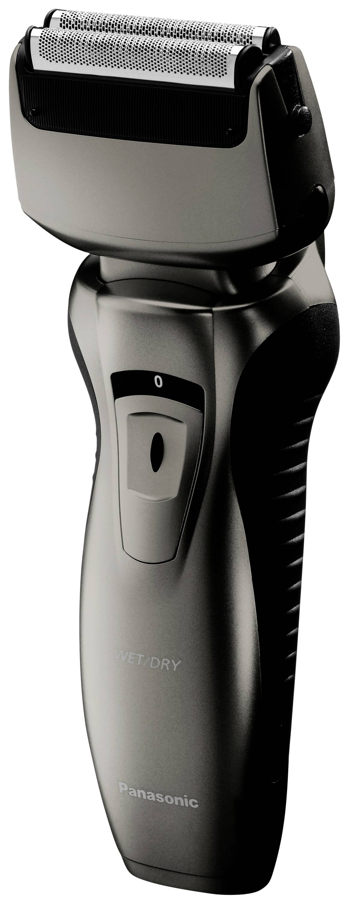 Rasoir électrique avec manche noir et tête de coupe argentée. Marque 'Panasonic'. Conçu pour une utilisation en milieu humide et sec.