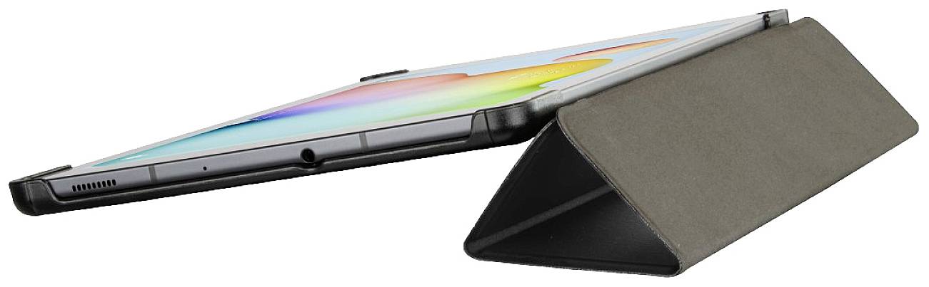 Tablette dans un étui noir, posée sur le côté. L'écran affiche des graphiques colorés. L'étui est configuré en support.