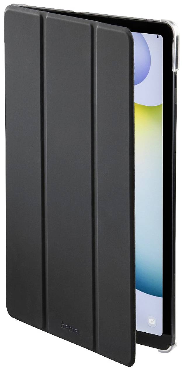 Une tablette avec une coque de protection noire ouverte, montrant partiellement l'écran avec des cercles colorés en arrière-plan.