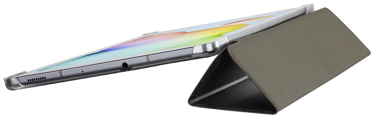 Une tablette dépliée avec un écran coloré repose sur une housse protectrice qui sert de support.