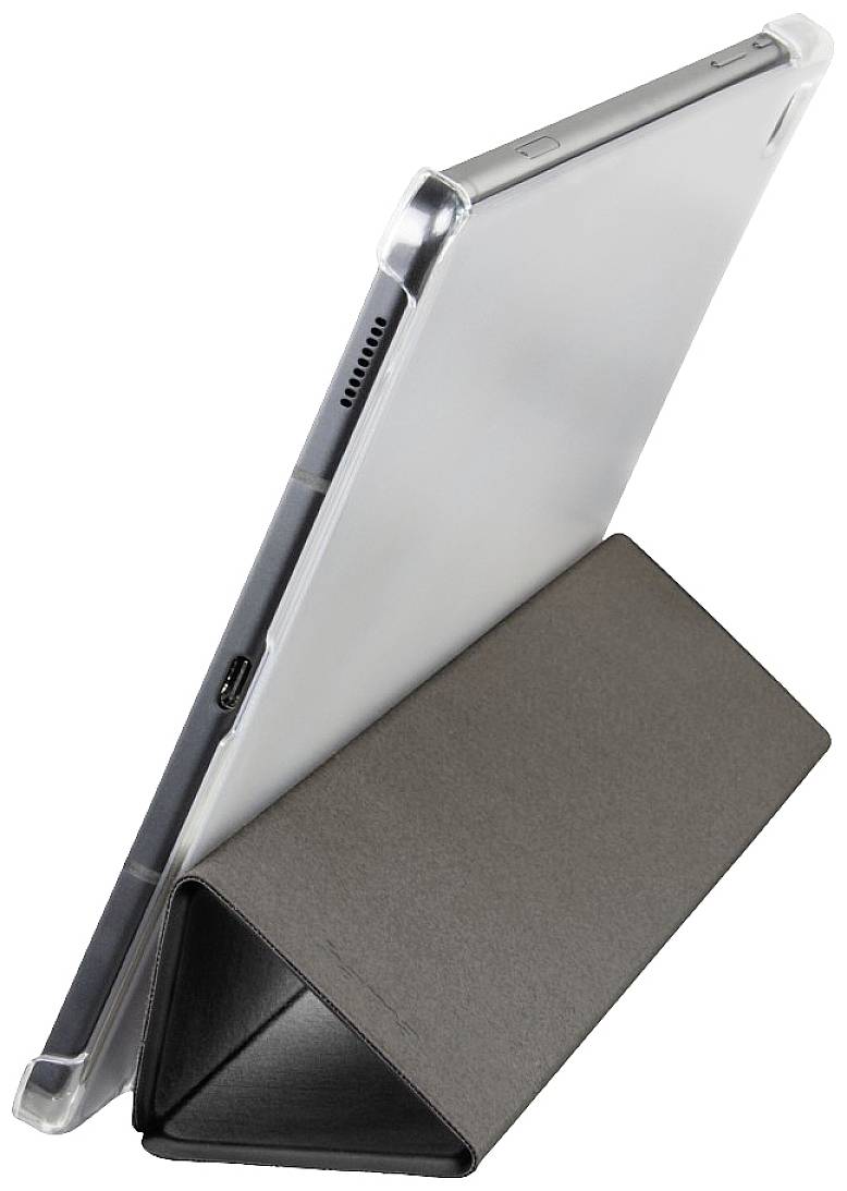 Une tablette est placée dans un étui protecteur qui sert de support. L'étui est plié en triangle et offre un maintien stable.