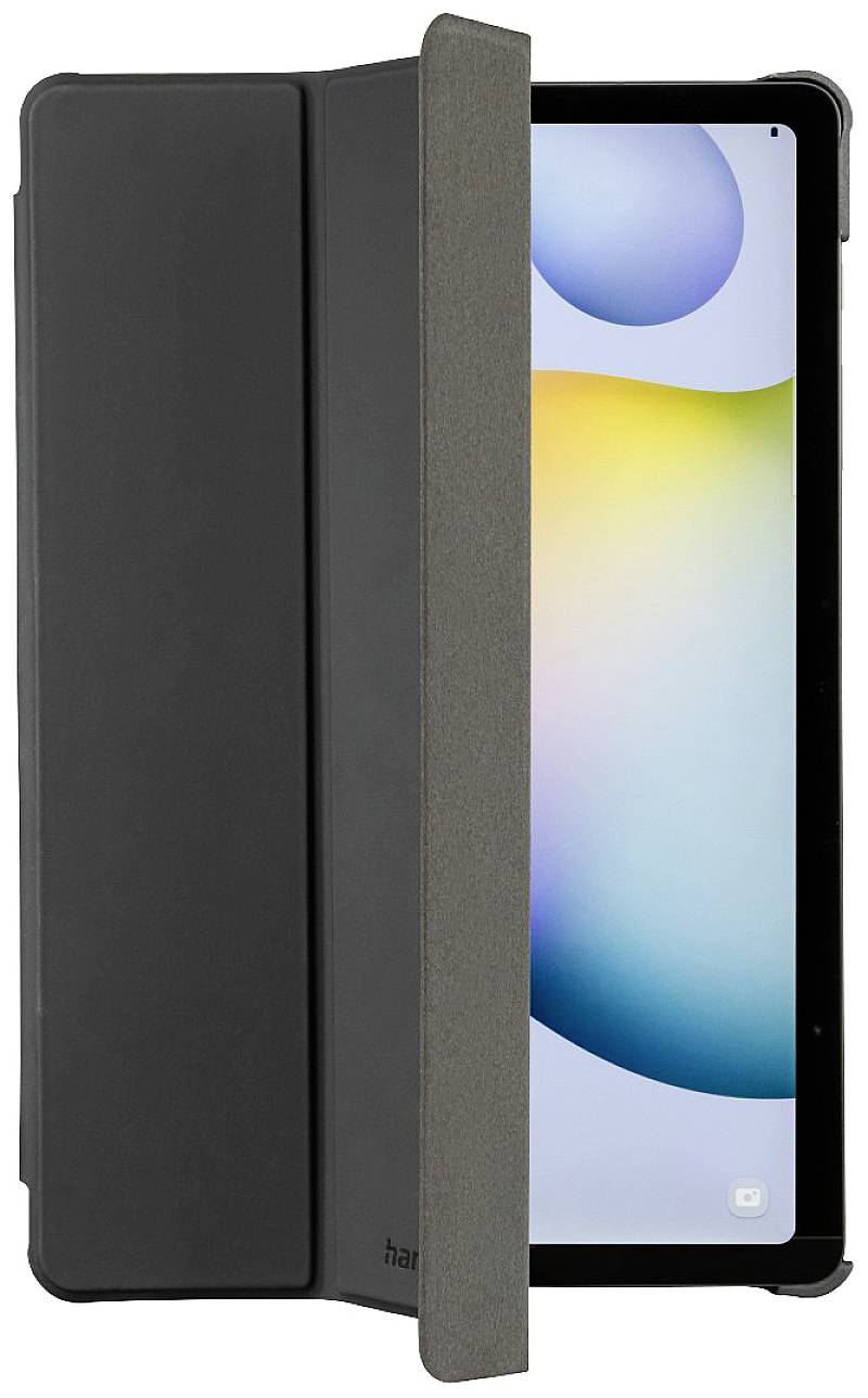 Tablette avec étui de protection partiellement ouvert, révélant un fond d'écran coloré.