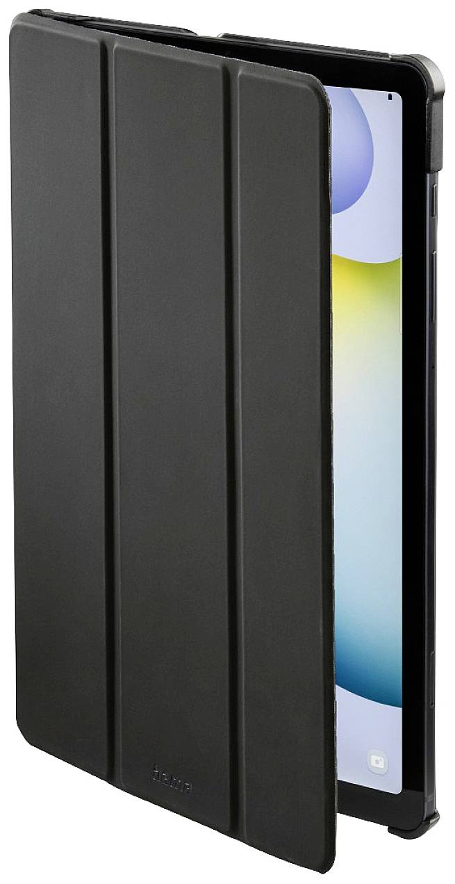 Étui de protection noir pour tablette, légèrement ouvert, montrant un écran avec un fond coloré. Protège et supporte l'appareil lorsqu'il est posé.