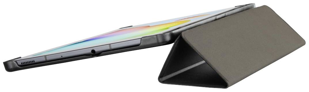 Tablette avec une coque légèrement inclinée servant de support. L'écran affiche des couleurs arc-en-ciel. Les ports sont visibles sur le côté.