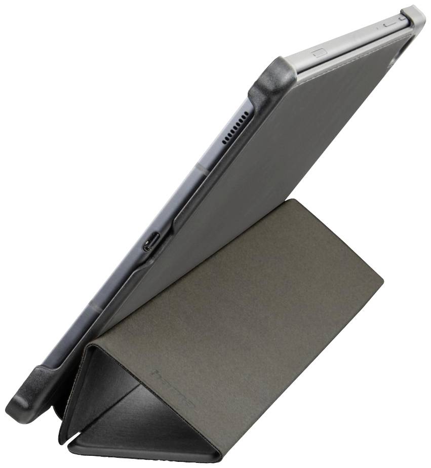 Une tablette dans un étui de protection noir, placée en position inclinée, montrant la vue latérale avec les touches de volume plus visibles et des bords de protection.