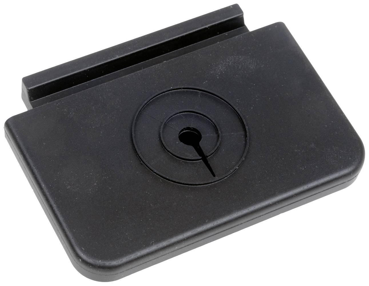 Adaptateur ou support noir rectangulaire en plastique avec une encoche centrale et un rail supérieur pour la fixation.