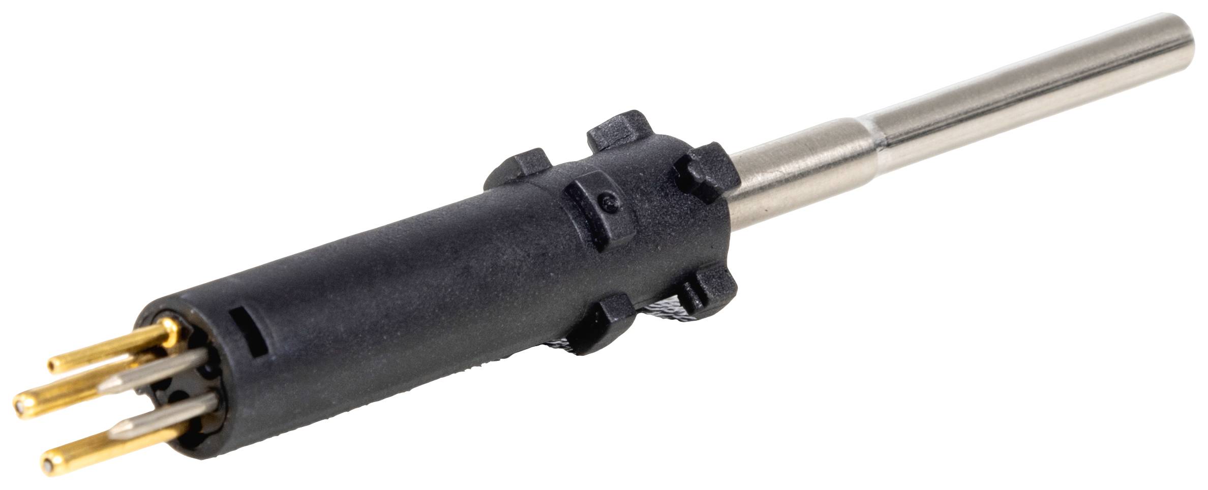 Une broche métallique avec une poignée en plastique noir présente quatre contacts dorés enfichables. C'est un connecteur électrique ou une partie de fiche.