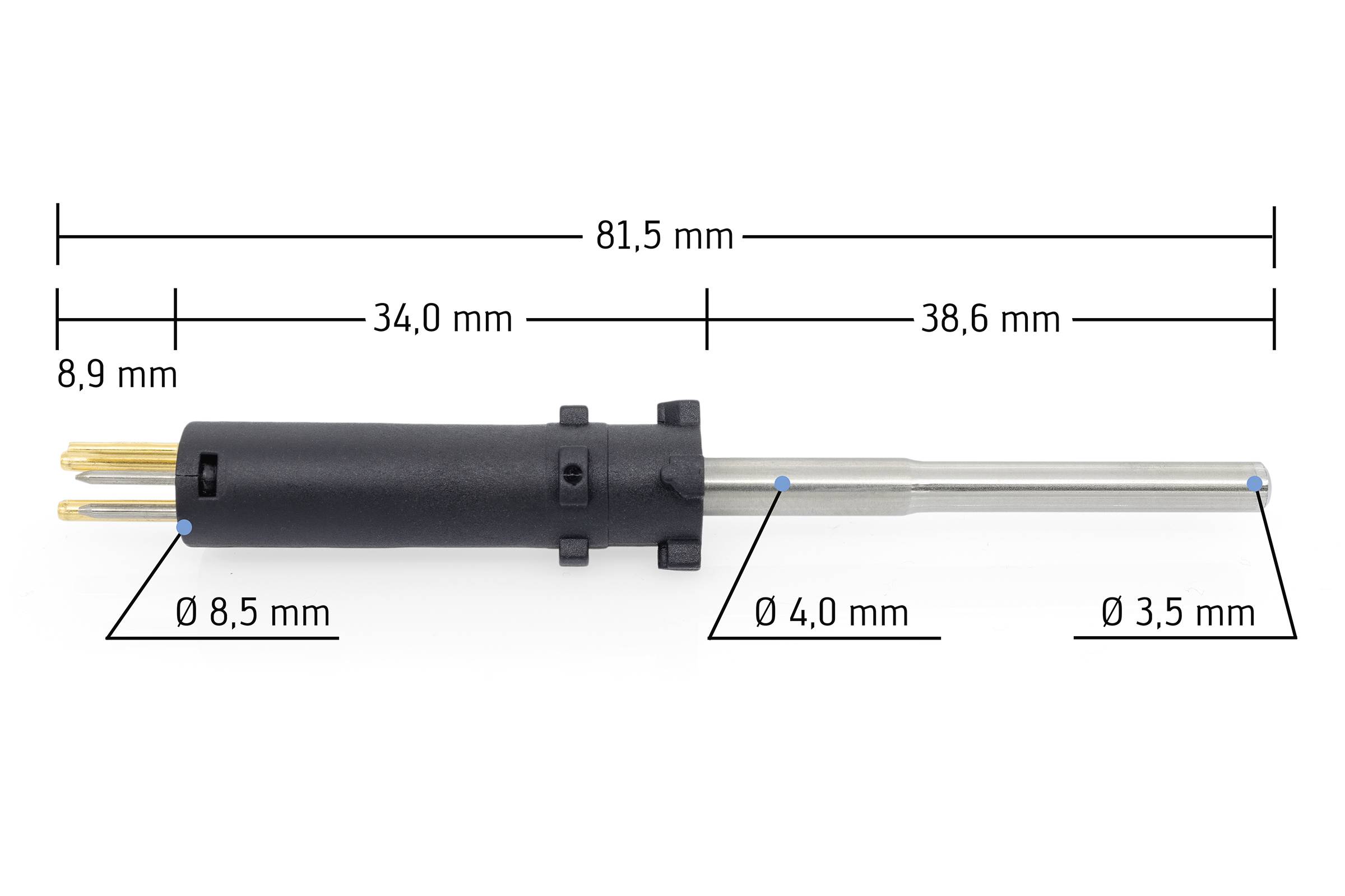 Une fiche noire avec trois broches dorées est présentée. La longueur est de 81,5 mm. Diamètre du boîtier : 8,5 mm.