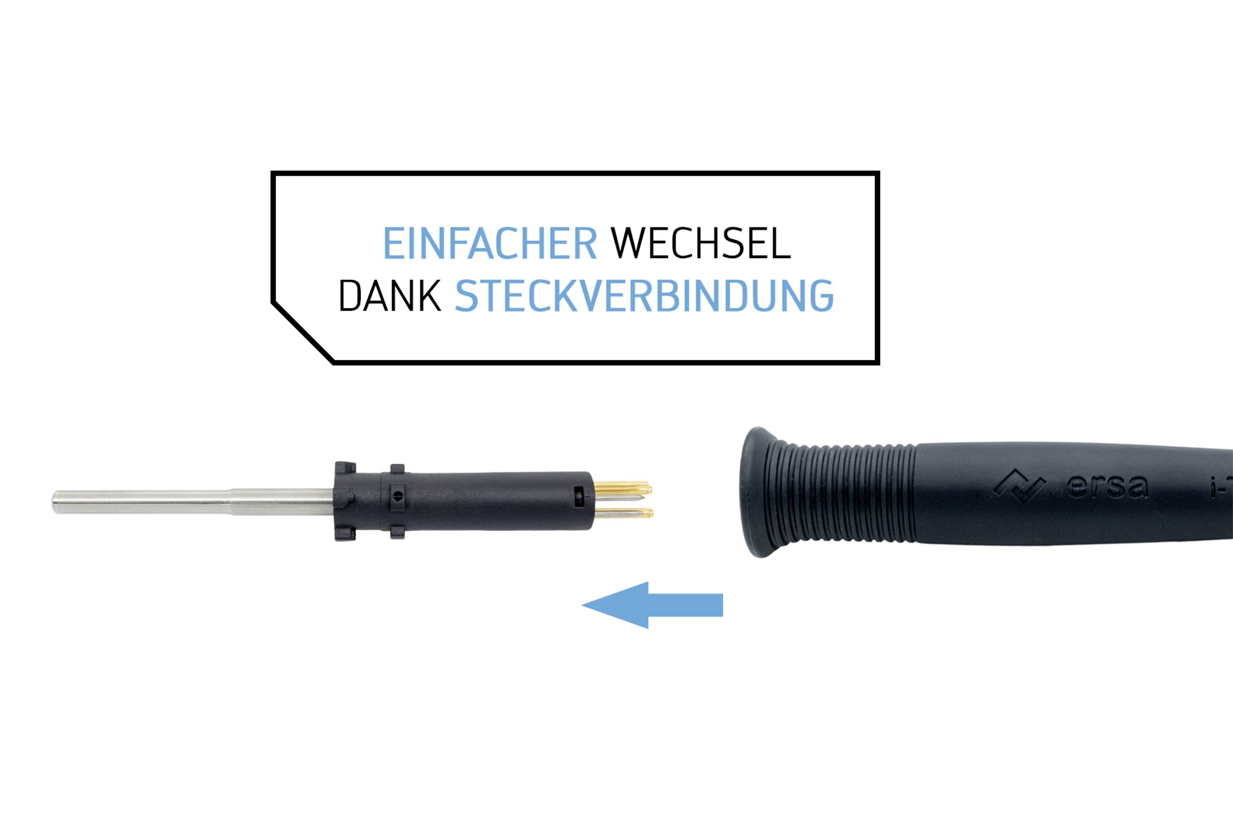 Outil électrique avec connexion enfichable interchangeable. Texte : 'Changement facile grâce à la connexion enfichable'.