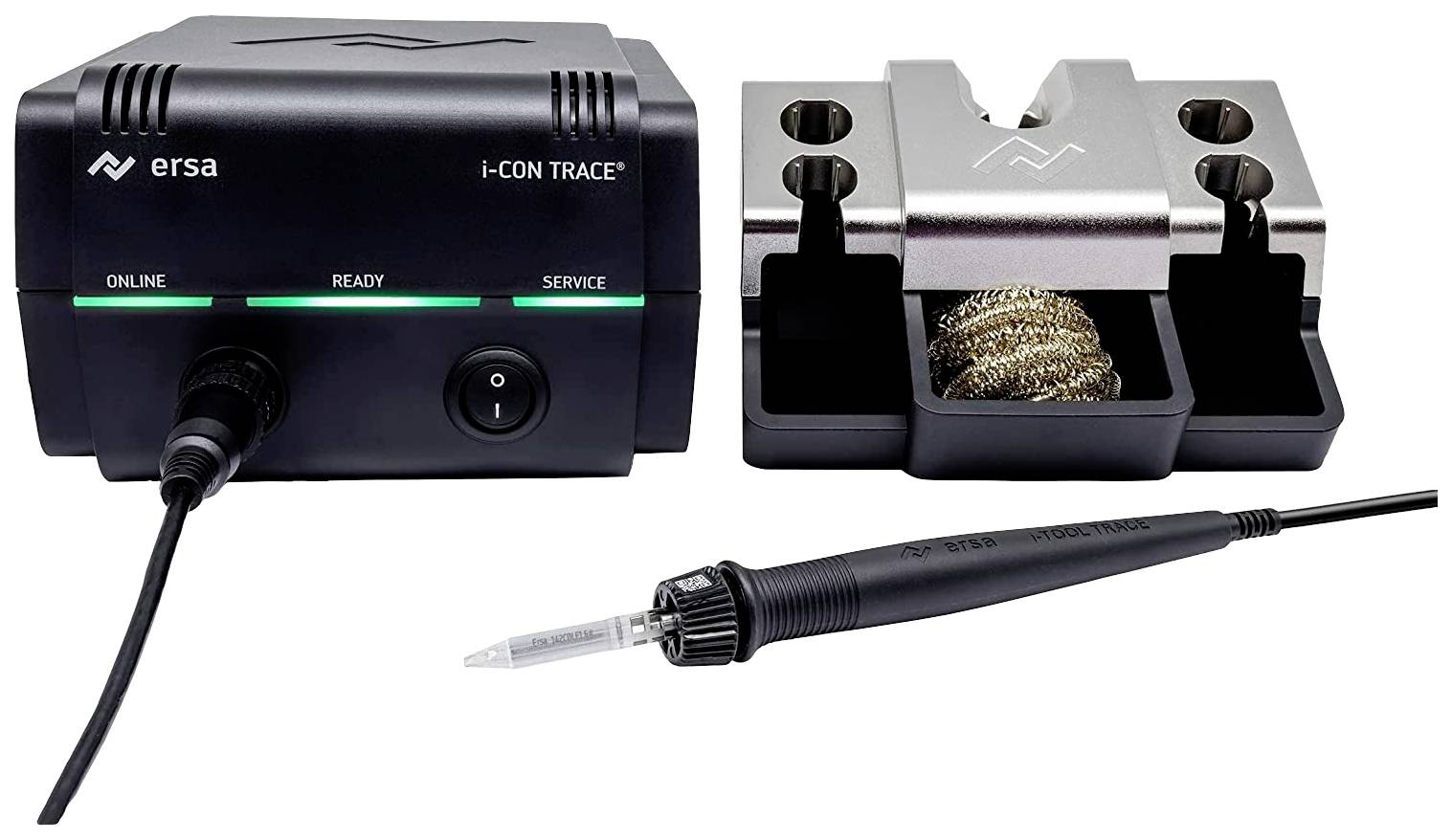 Station de soudage ersa I-CON TRACE avec fer à souder et support. Les LED indiquent le statut : En ligne, Prêt, Maintenance. Le support contient une éponge de nettoyage et une éponge métallique.