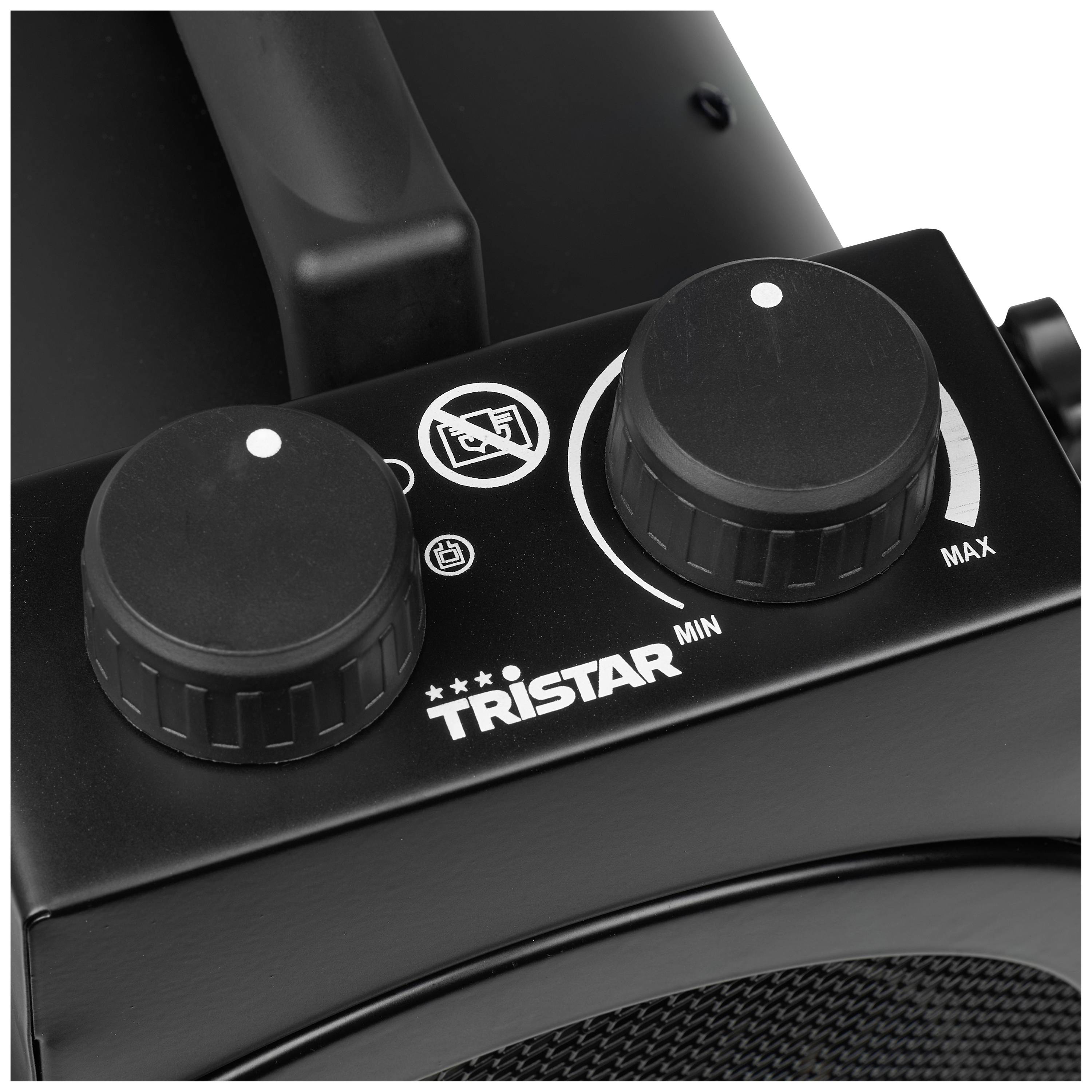 Appareil Tristar noir avec deux boutons rotatifs. Le bouton de gauche règle de 'Min' à 'Max'. Une indication interdit son utilisation avec un symbole.
