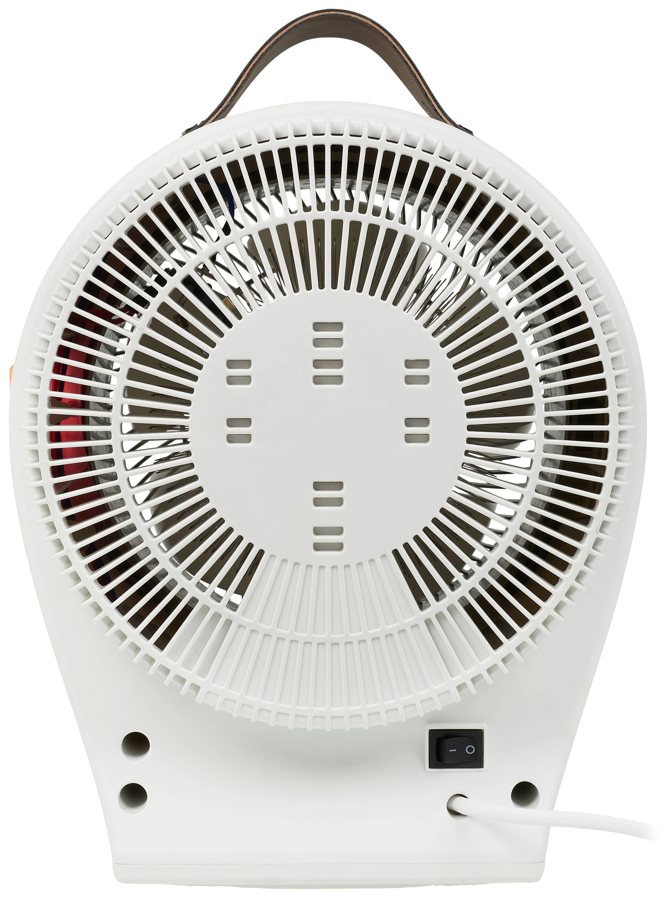 Un ventilateur chauffant blanc avec une grande grille à l'avant, une poignée de transport en haut et un interrupteur ainsi qu'un câble en bas.