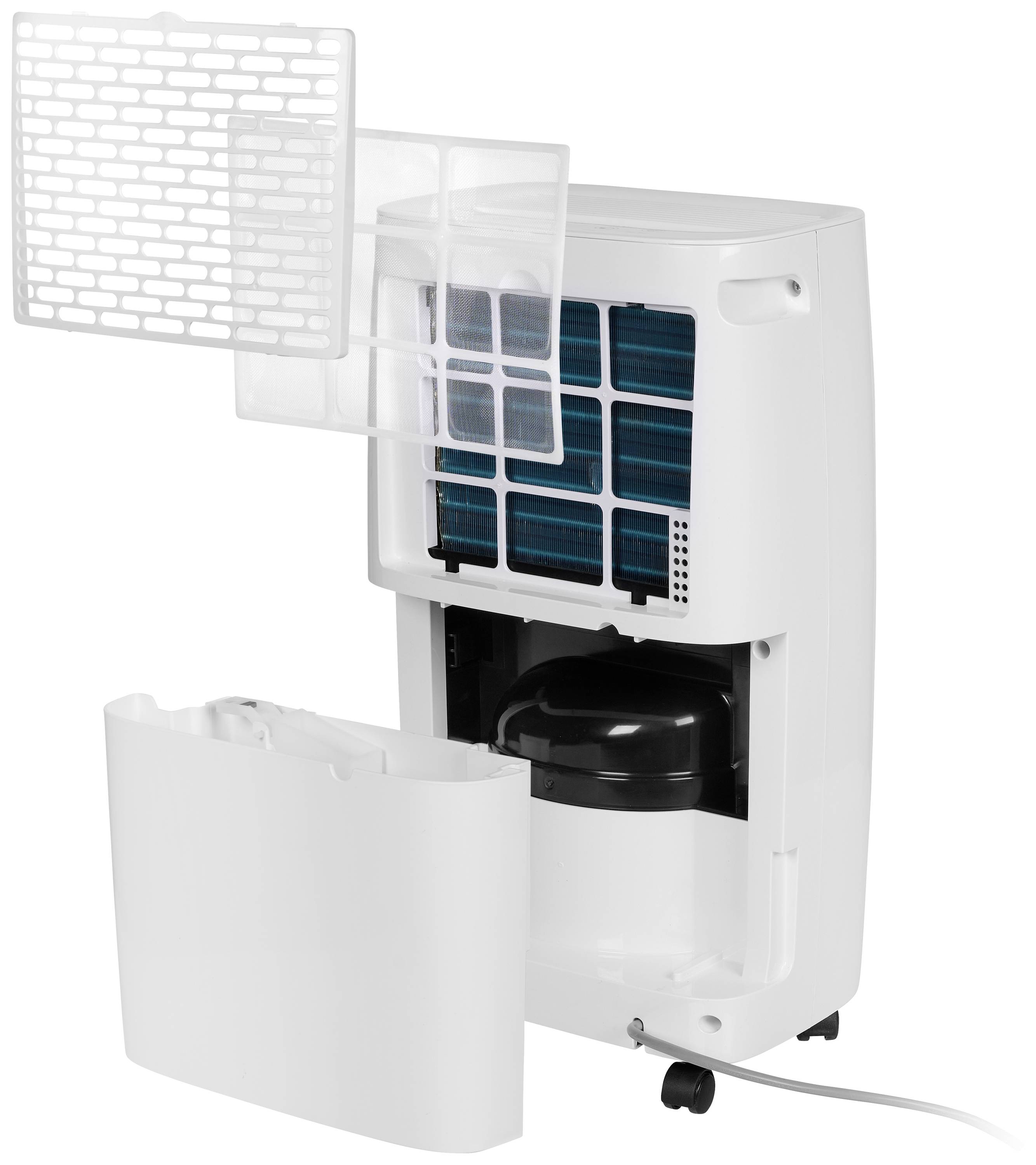 Un déshumidificateur blanc vu de dos avec son réservoir d'eau ouvert et son filtre retiré, révélant ses composants internes pour l'entretien.