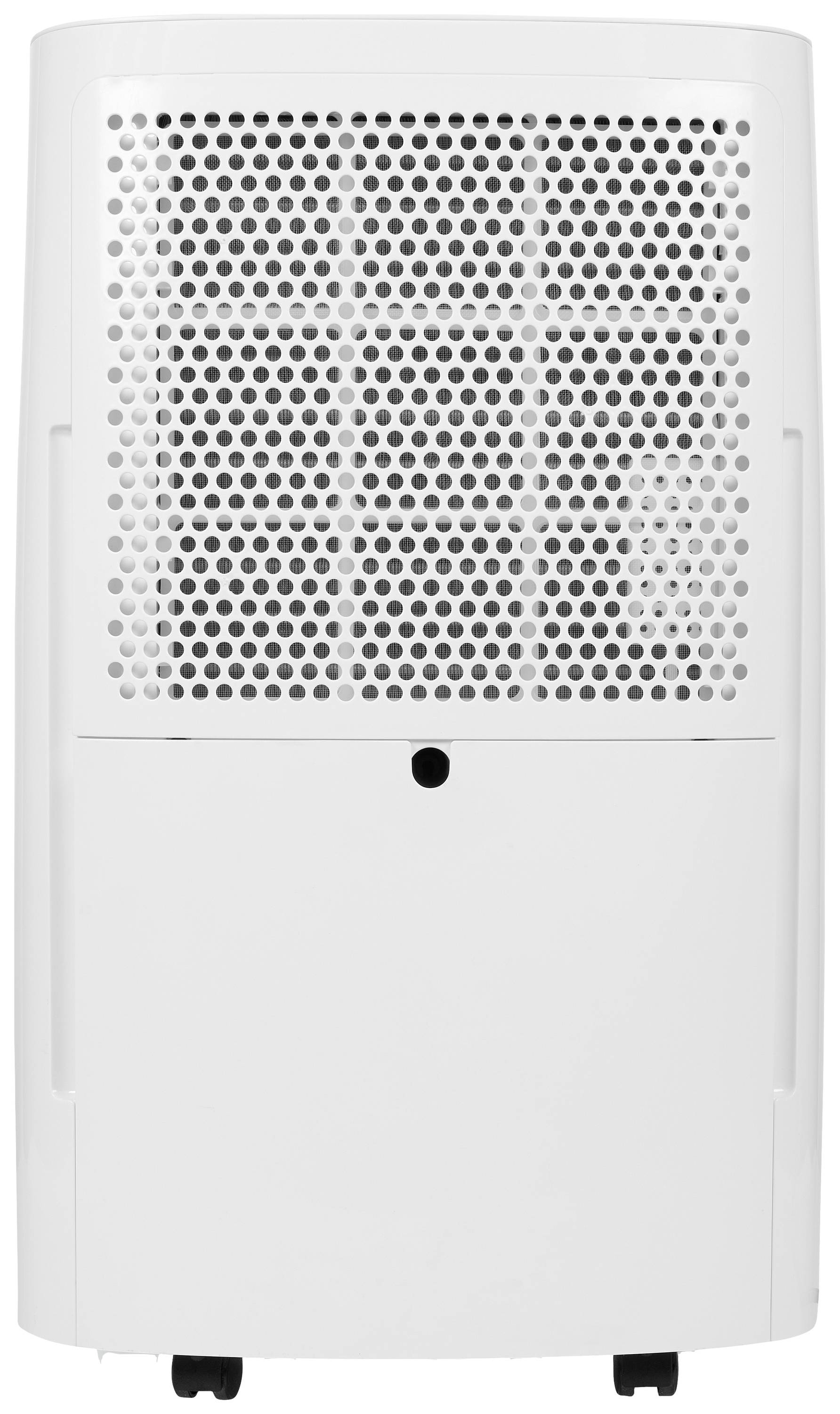 Vue arrière d'un déshumidificateur blanc avec une grille de ventilation en nid d'abeille et des roulettes noires pour une mobilité facile.