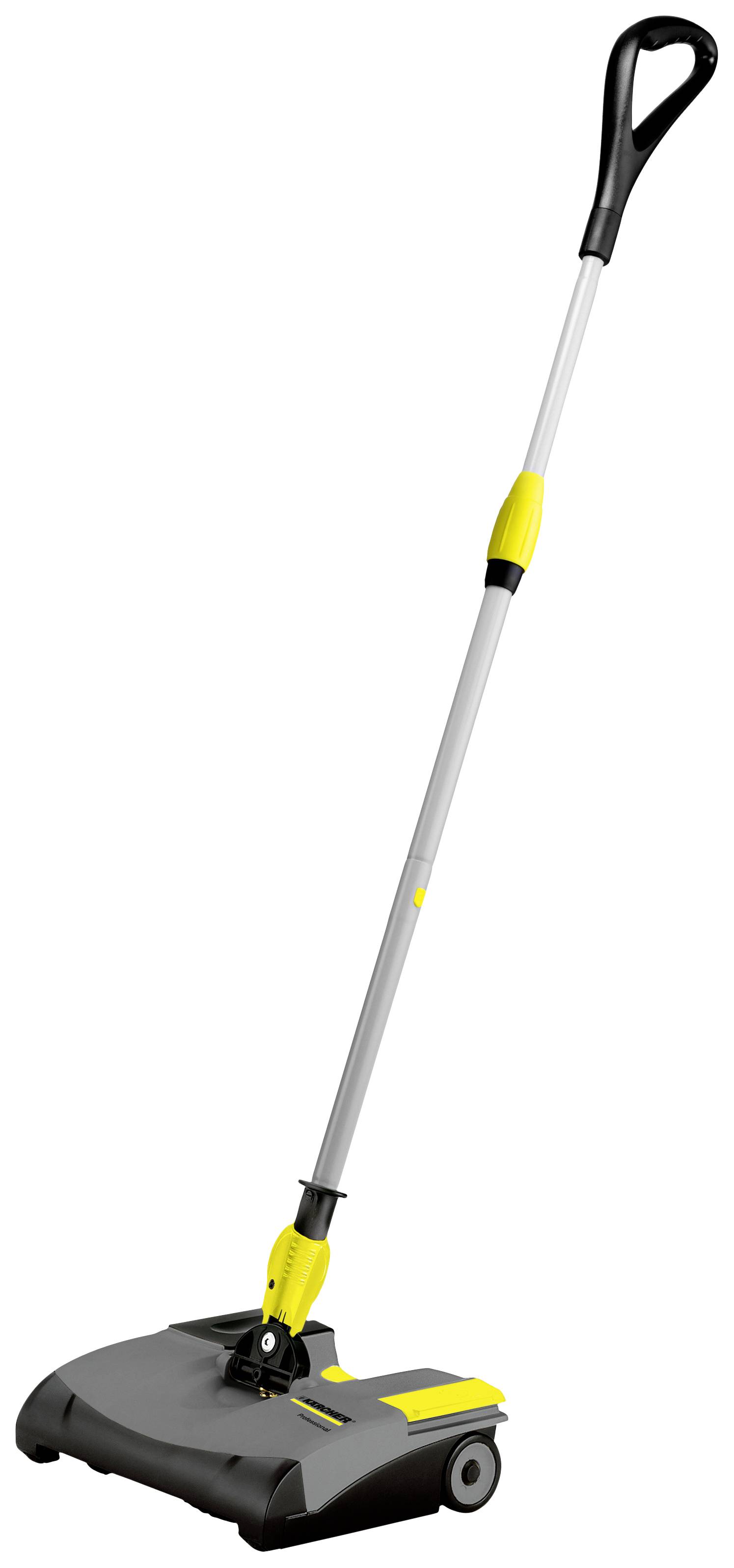 Un balai électrique jaune et noir avec un long manche et des roues, principalement adapté pour nettoyer de petites surfaces.