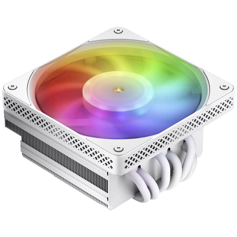 Un dissipateur thermique blanc pour processeur avec un ventilateur qui brille dans les couleurs de l'arc-en-ciel, illustrant un design moderne et mettant en valeur la technologie de refroidissement.