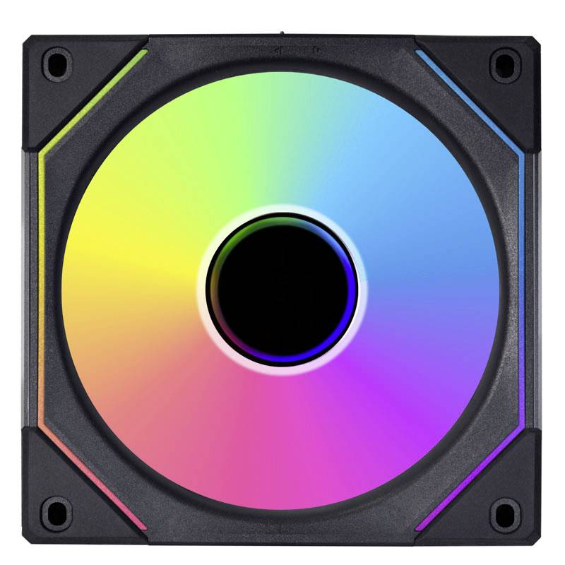 Un ventilateur carré avec des LED arc-en-ciel affiche toutes les couleurs du spectre et présente un cercle noir en son centre.