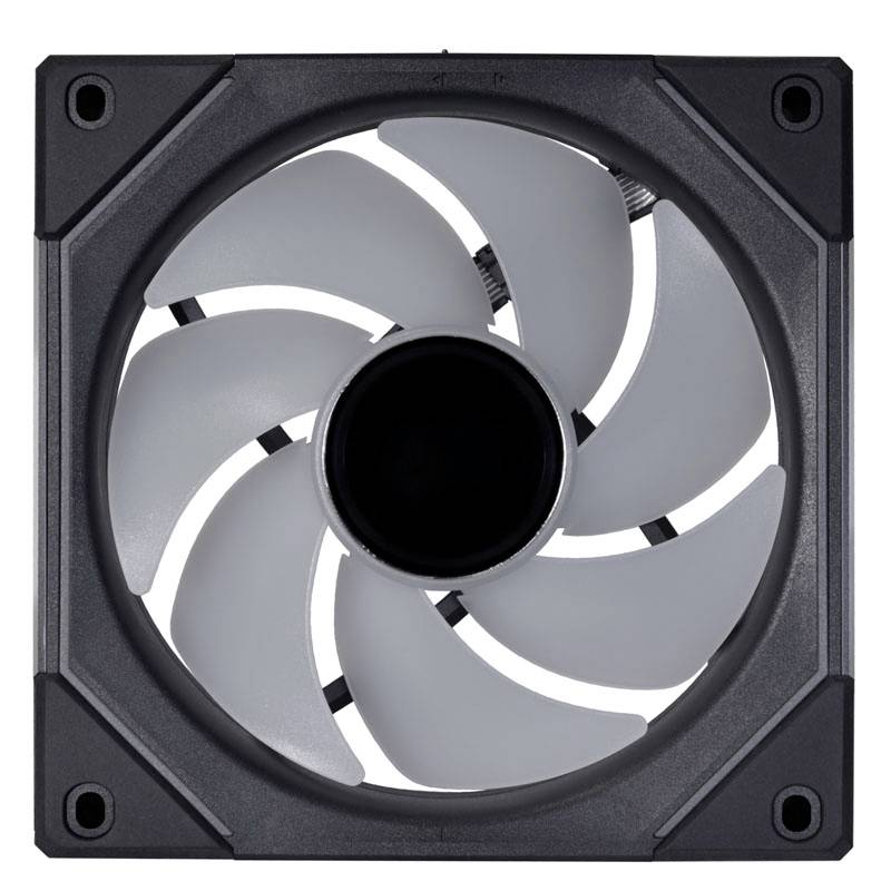 Un ventilateur d'ordinateur carré avec huit pales semi-transparentes dans un cadre noir.
