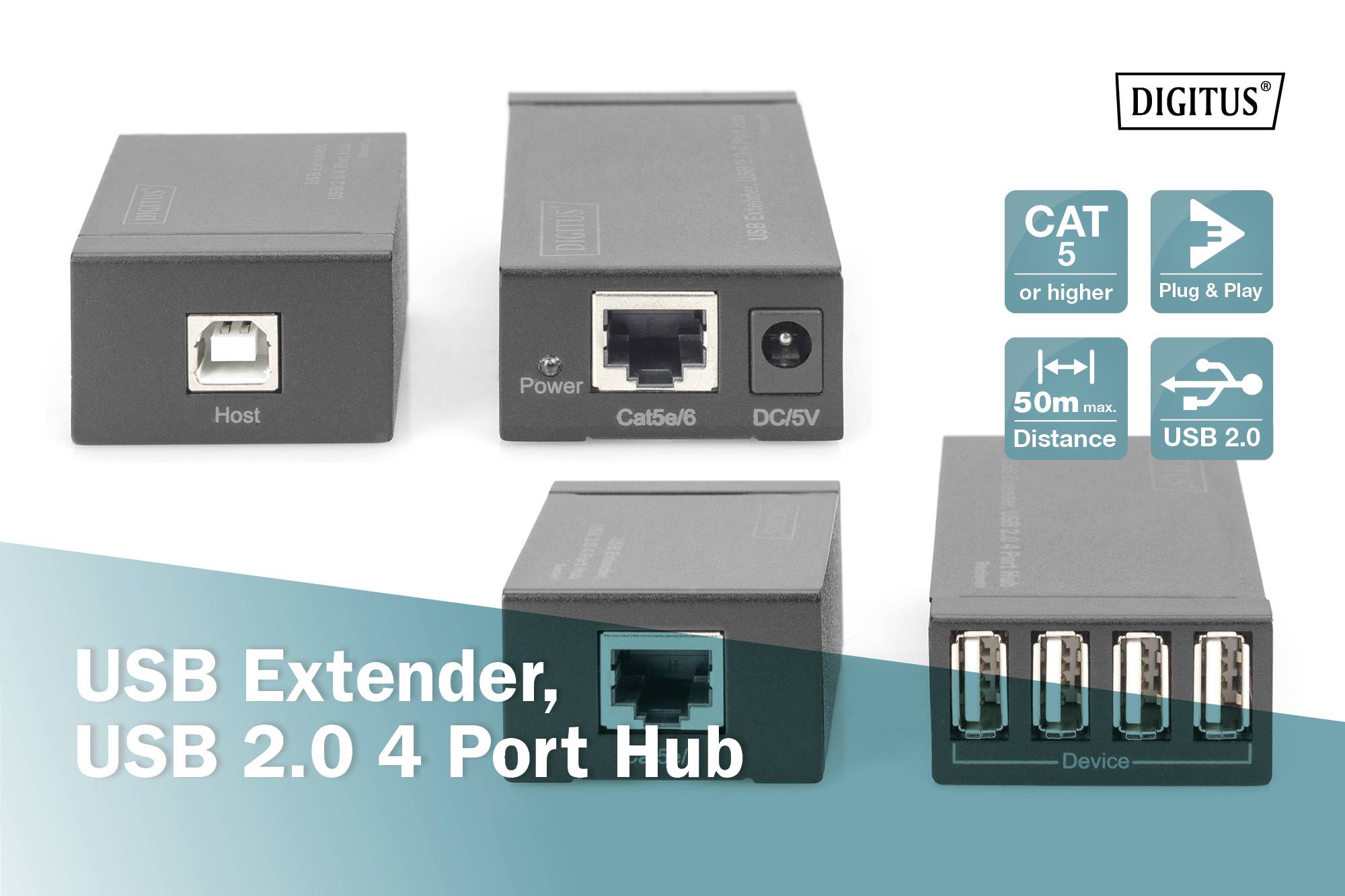 Digitus USB 2.0 Adaptateur [1x USB 2.0, USB 2.0 type B femelle, RJ45 femelle, RJ45 femelle 8P8C - 4x USB 2.0, USB 2.0 type