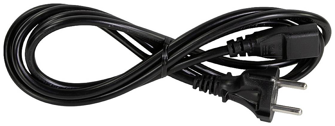 Un câble réseau noir avec une fiche Schuko d'un côté et une connexion pour appareil froid de l'autre, enroulé.