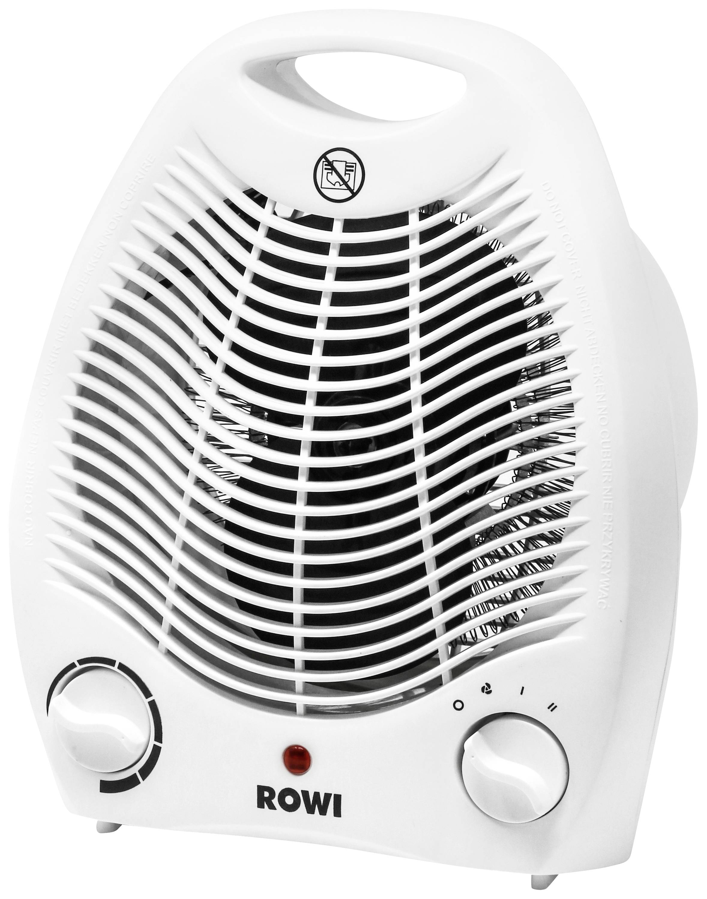 Un radiateur soufflant blanc avec une poignée, deux boutons rotatifs et un voyant rouge. La marque 'ROWI' est visible en bas.