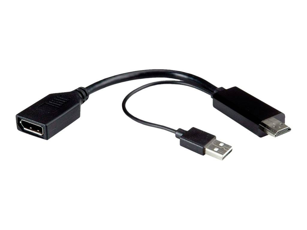 Un adaptateur de câble HDMI vers USB avec un câble noir. À gauche, une prise HDMI, à droite, une fiche USB. Connecte des appareils HDMI à des ports USB.