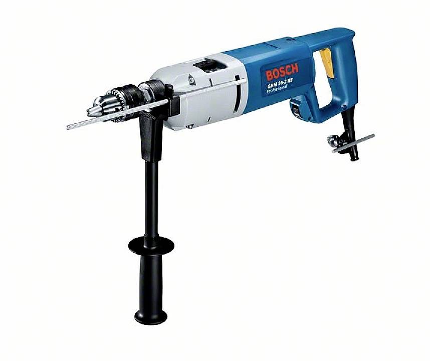 Perceuse électrique avec boîtier bleu, poignée latérale et adaptateur de foret. Inscription 'Bosch GSB 162-2 RE Professional'.