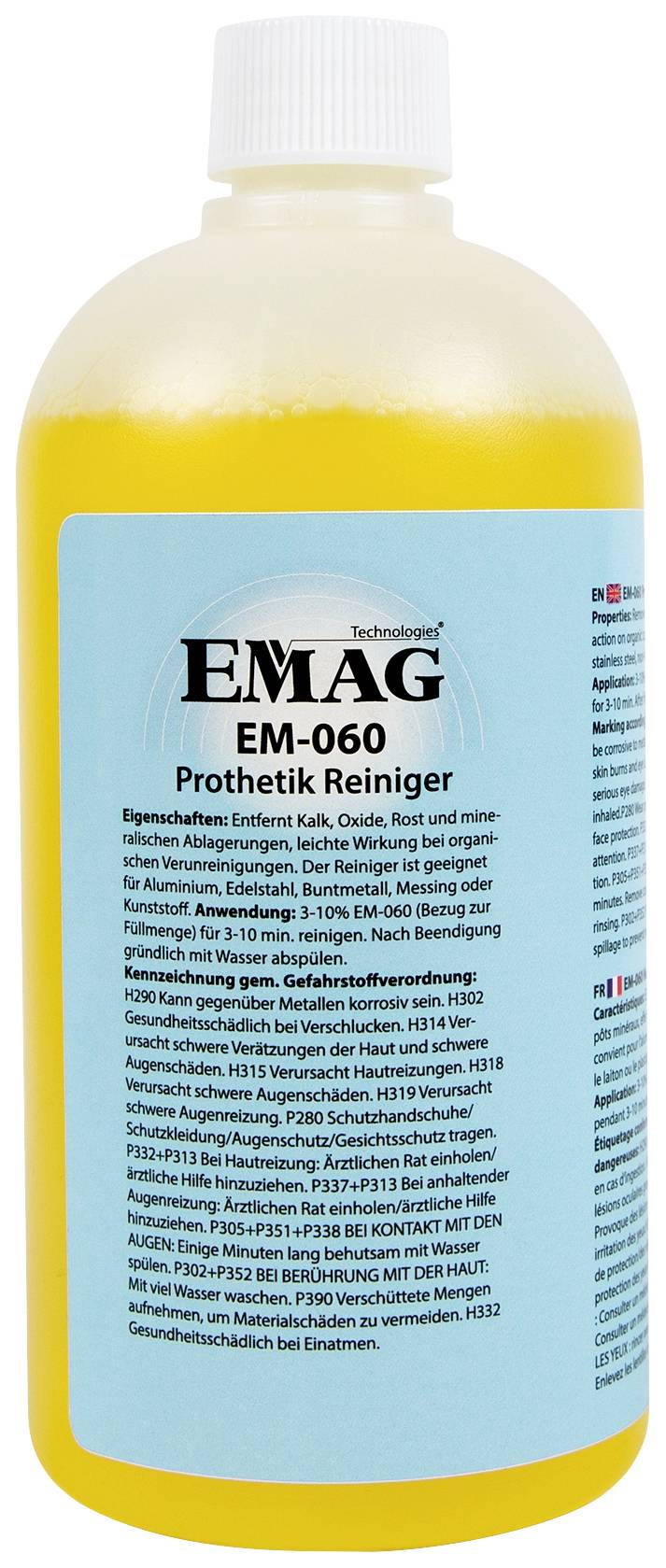 Produit de nettoyage jaune pour prothèses 'EMAG EM-060' dans un flacon en plastique transparent avec une étiquette bleue.