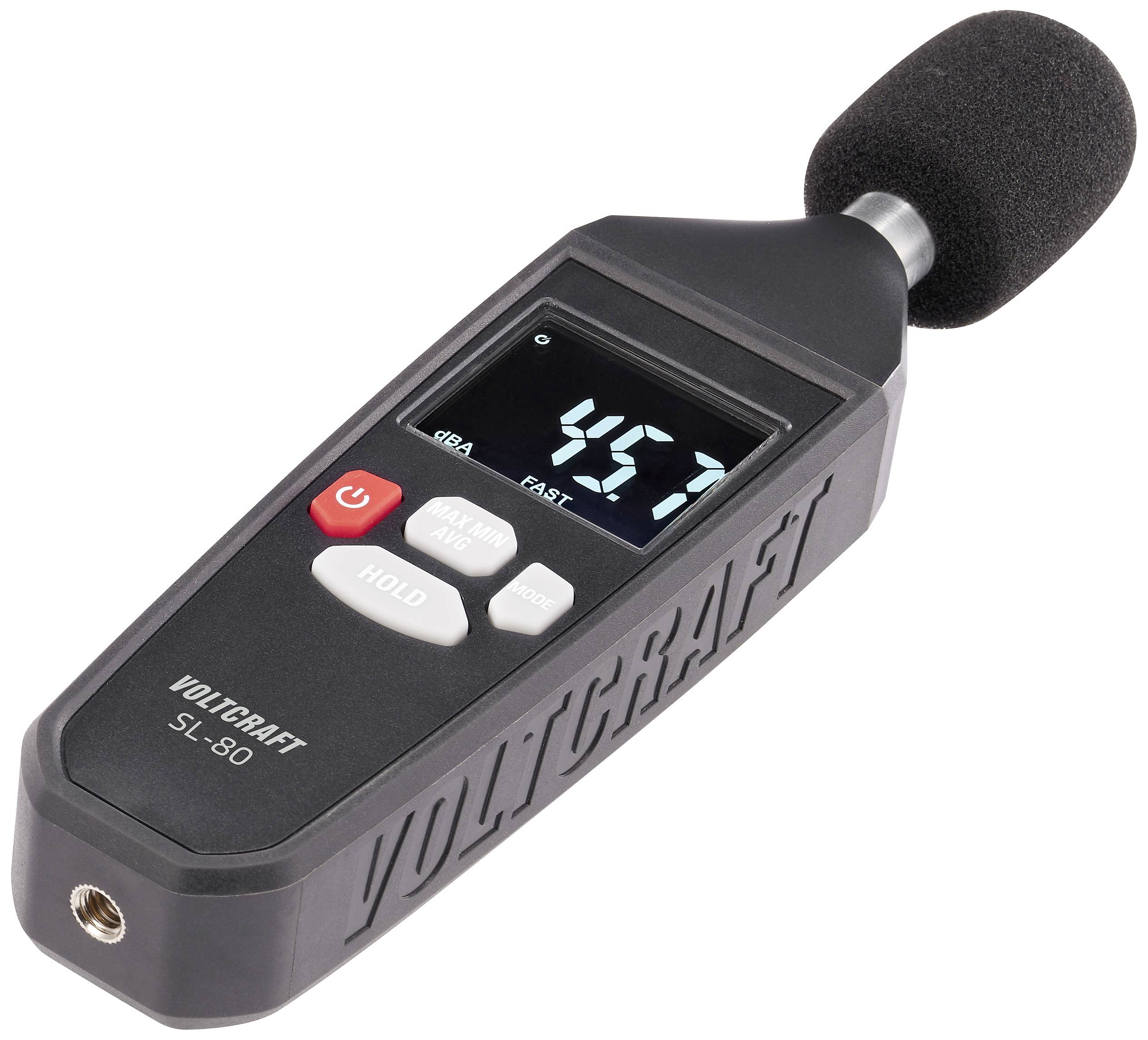 L'appareil de mesure du niveau sonore affiche une valeur de mesure de 45,7 dB. L'appareil dispose de touches de mise en marche/arrêt et de maintien de la mesure.