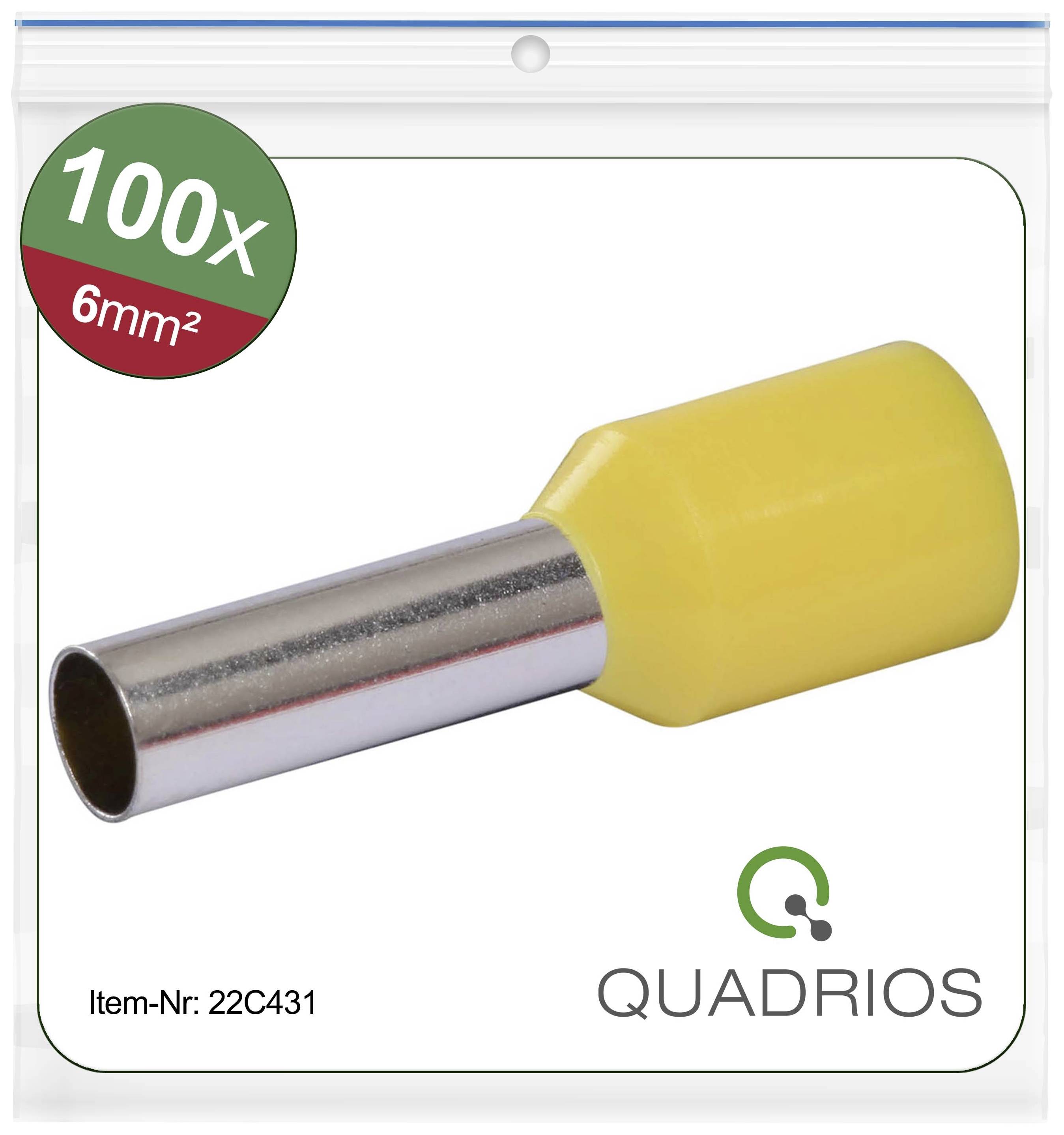 Emballage contenant 100 cosses isolées jaunes, 6 mm², de la marque Quadrios. Numéro d'article 22C431 visible.