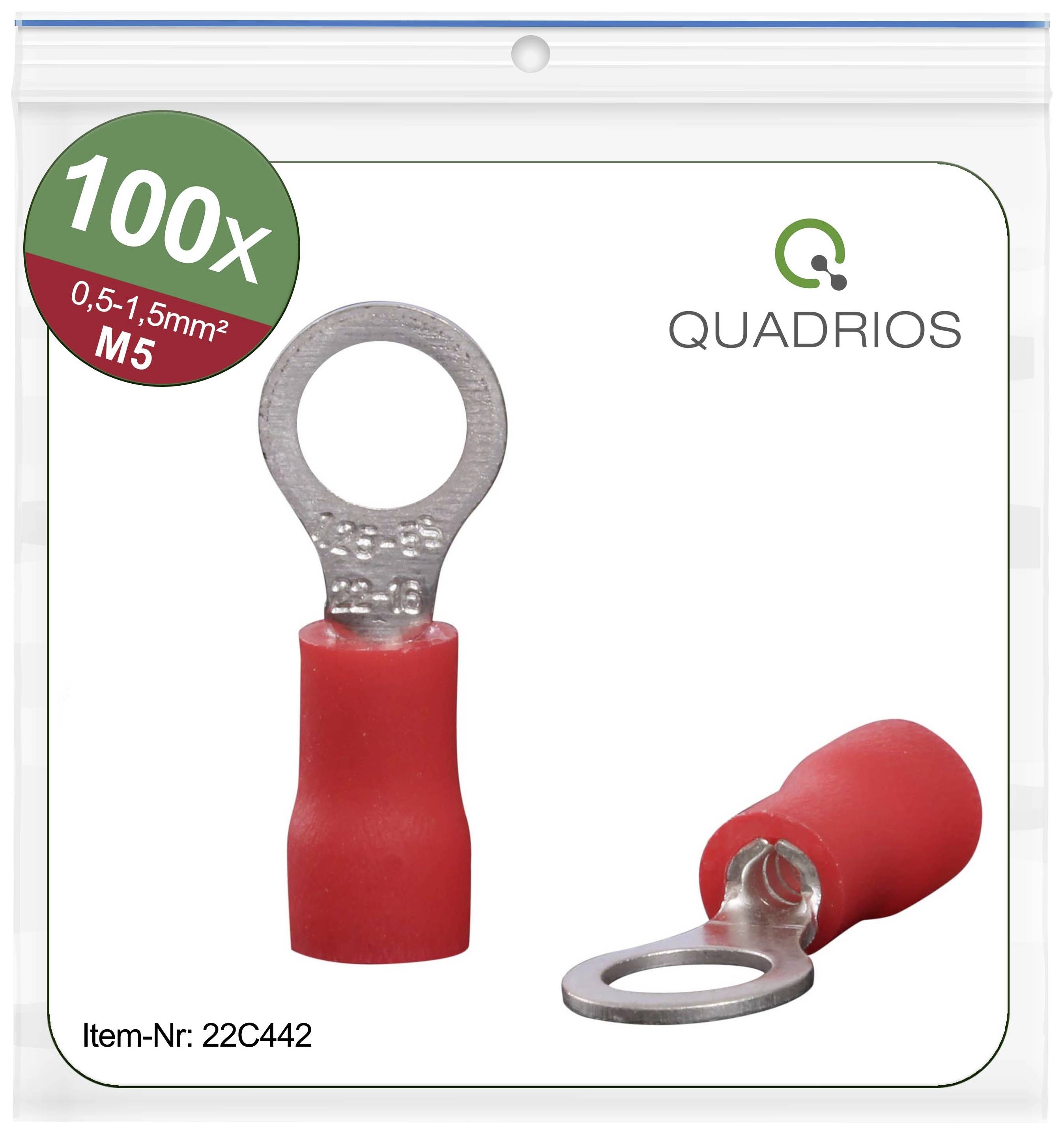 L'image montre des cosses de câble rouges de la marque Quadrios, lot de 100 pièces, adaptées pour les câbles de 0,5 à 1,5 mm², M5, avec la référence 22C442.