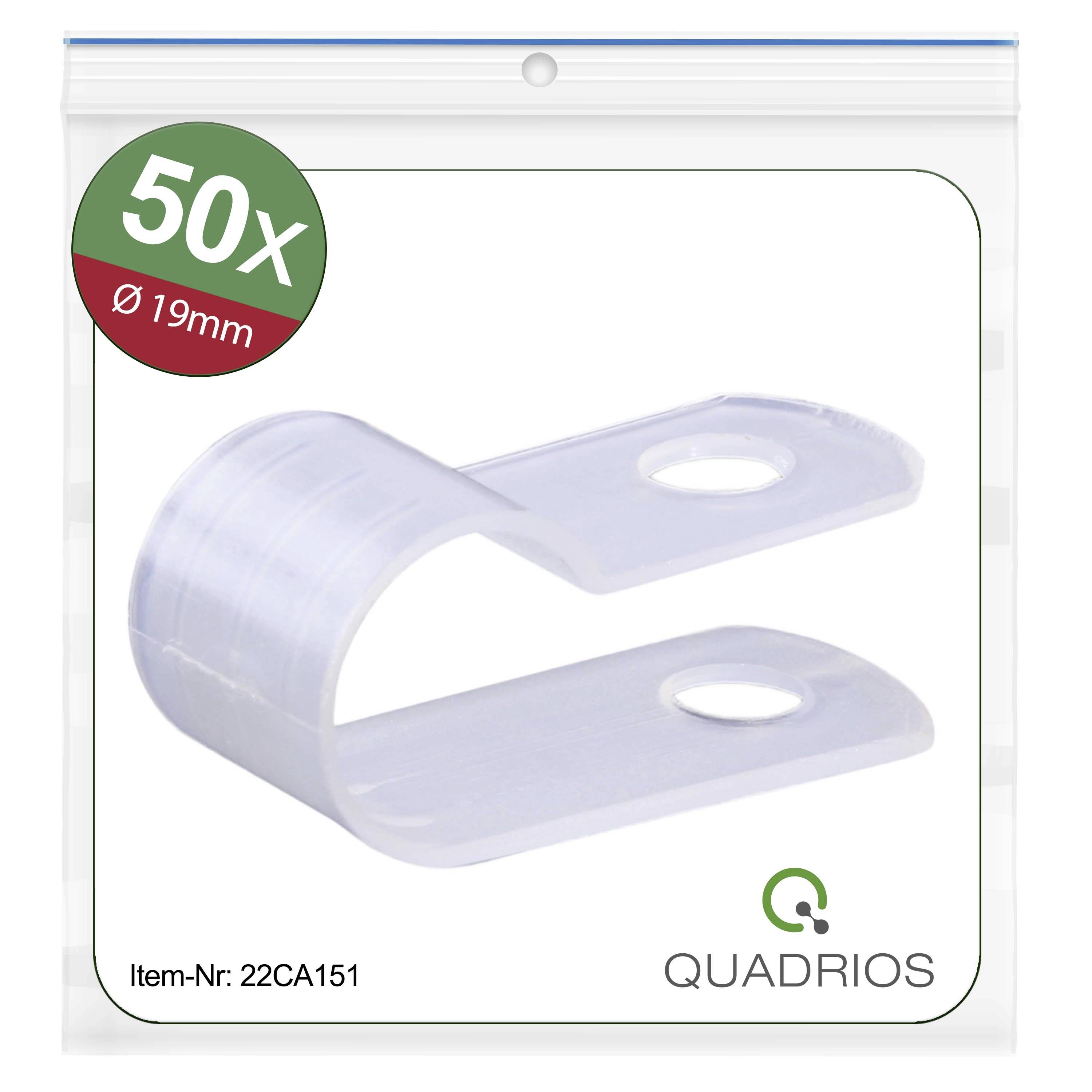 Pack de 50 colliers de serrage, diamètre 19mm, référence 22CA151, marque Quadrios. Image du produit montrant un collier de serrage transparent.
