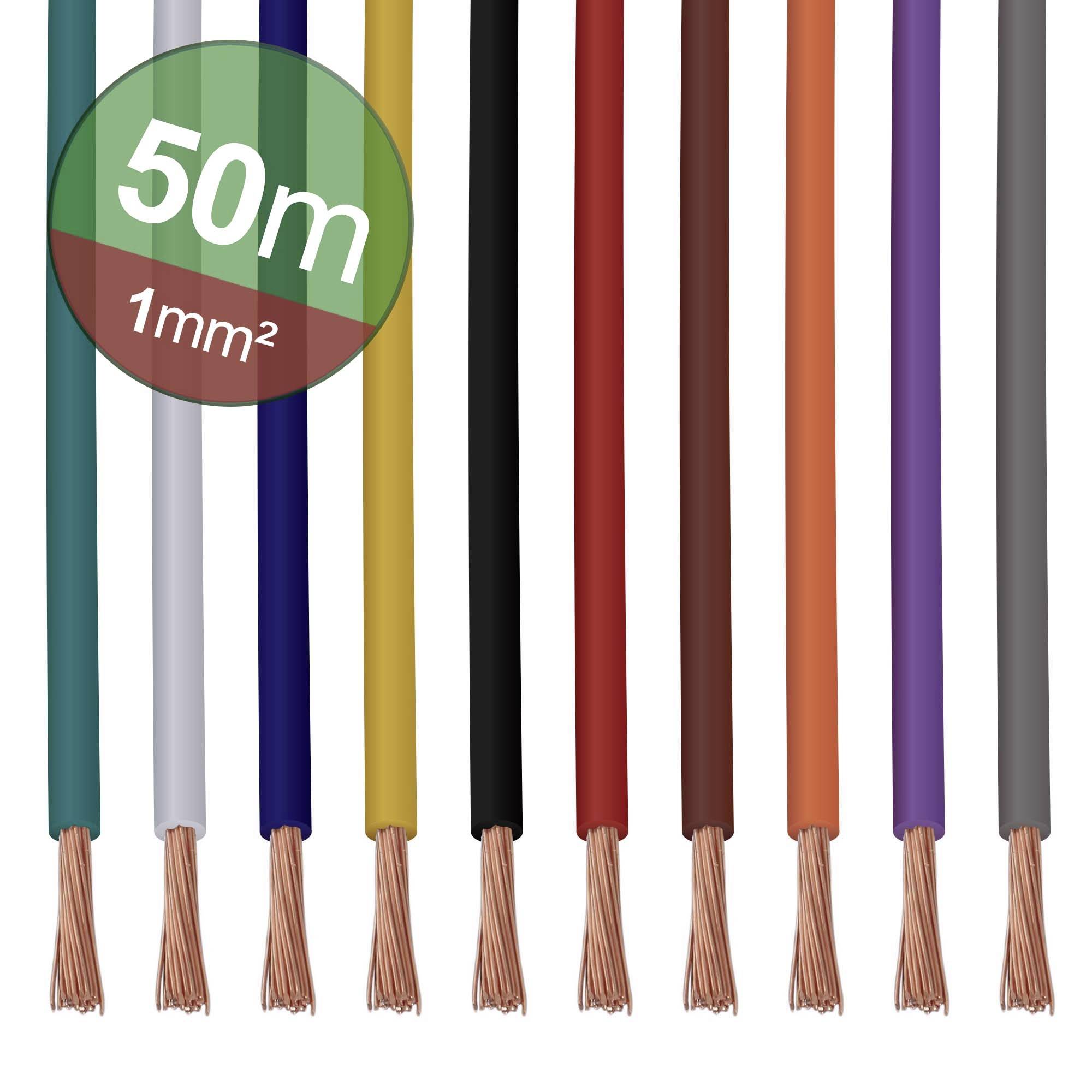 Dix fils de cuivre colorés et isolés côte à côte. En haut à droite : « 50 m, 1 mm² ».