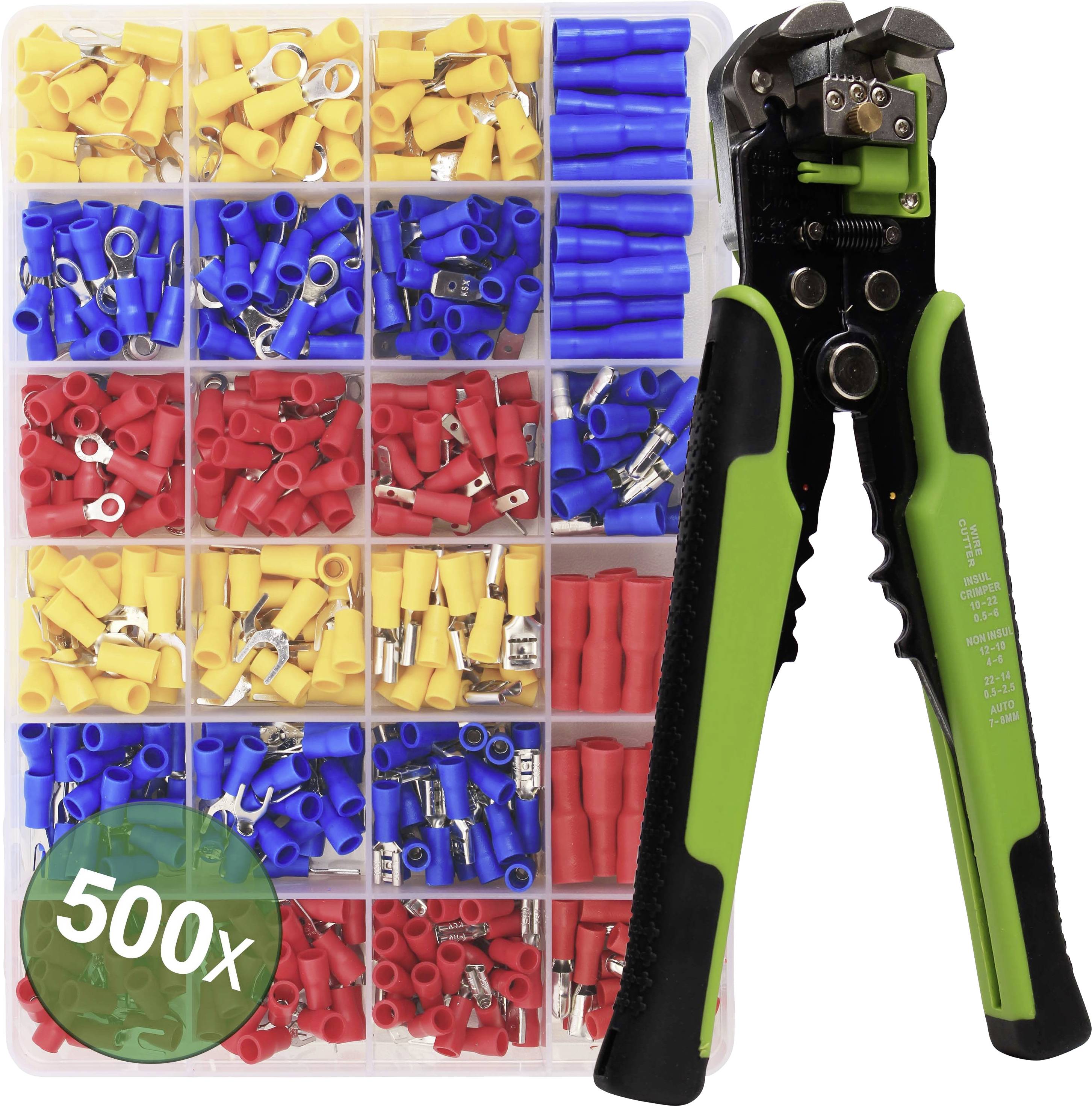 Une sélection de connecteurs colorés dans un boîtier, à côté d'une pince à dénuder verte. Contient un total de 500 pièces.