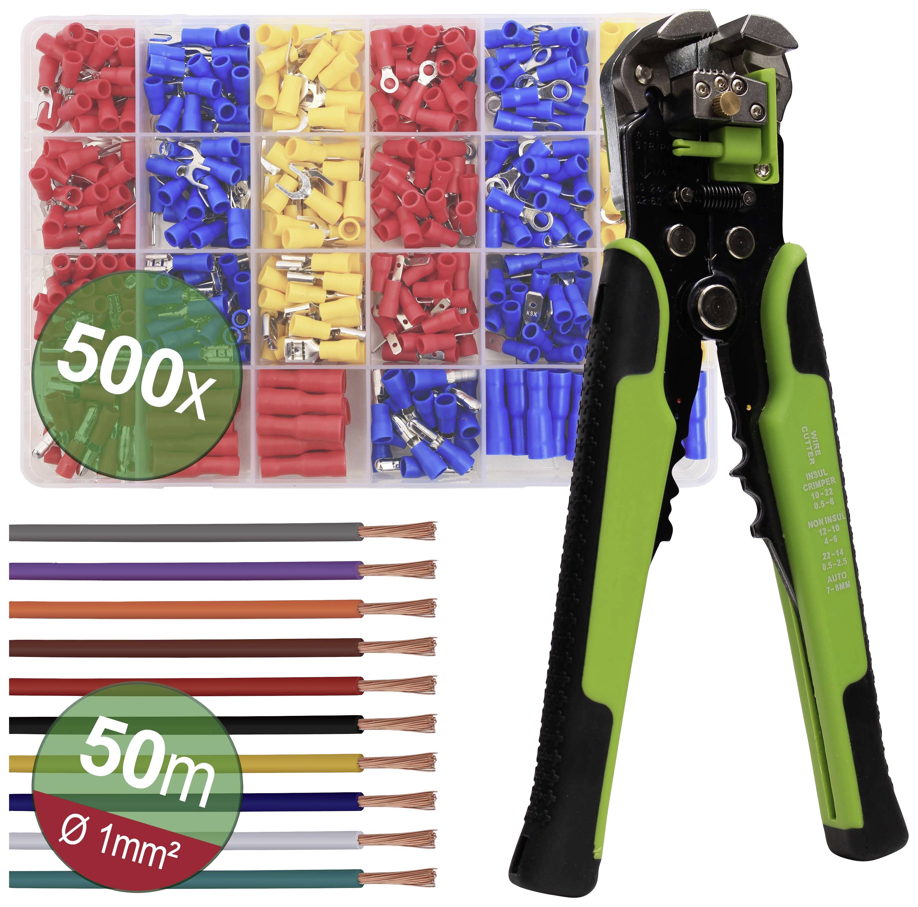 Un ensemble de 500 cosses électriques de différentes couleurs, avec un coupe-câble vert et 50 mètres de câbles multicolores.