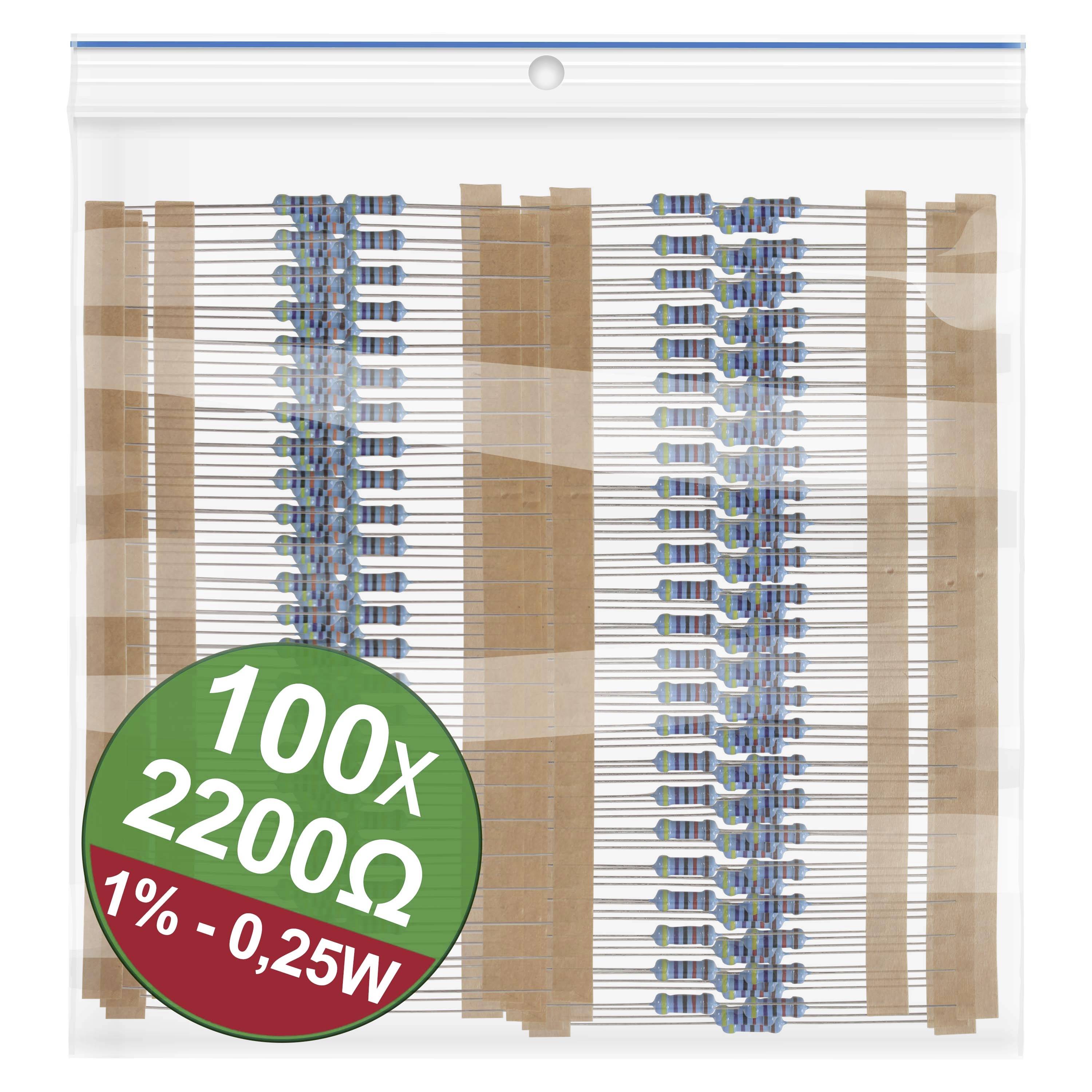 Un sachet transparent contient 100 résistances de 2200 ohms, avec une tolérance de 1% et une puissance de 0,25 watt. Un cercle vert indique les spécifications.