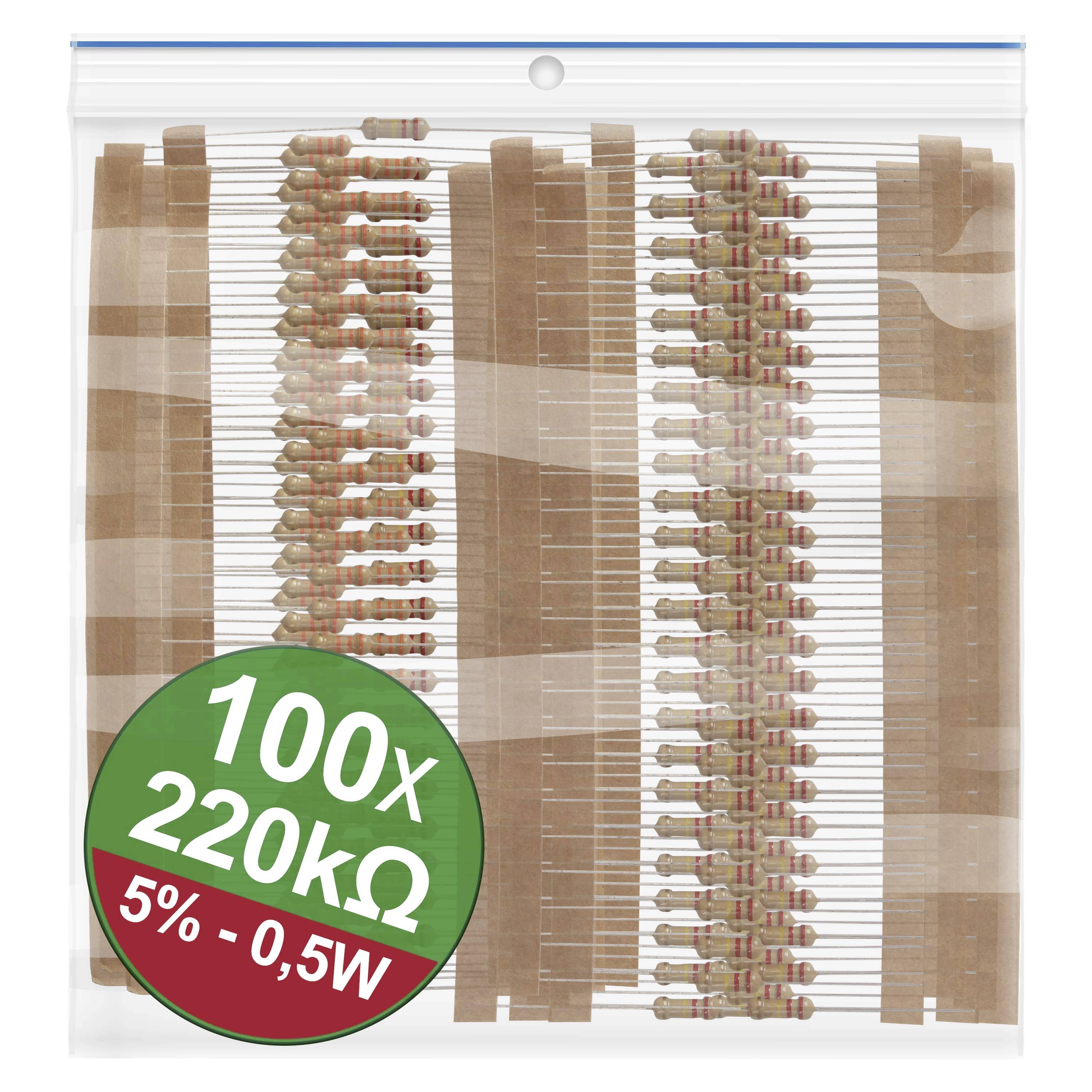 Un lot de 100 résistances, 220 kΩ, tolérance 5%, puissance 0,5 watt.