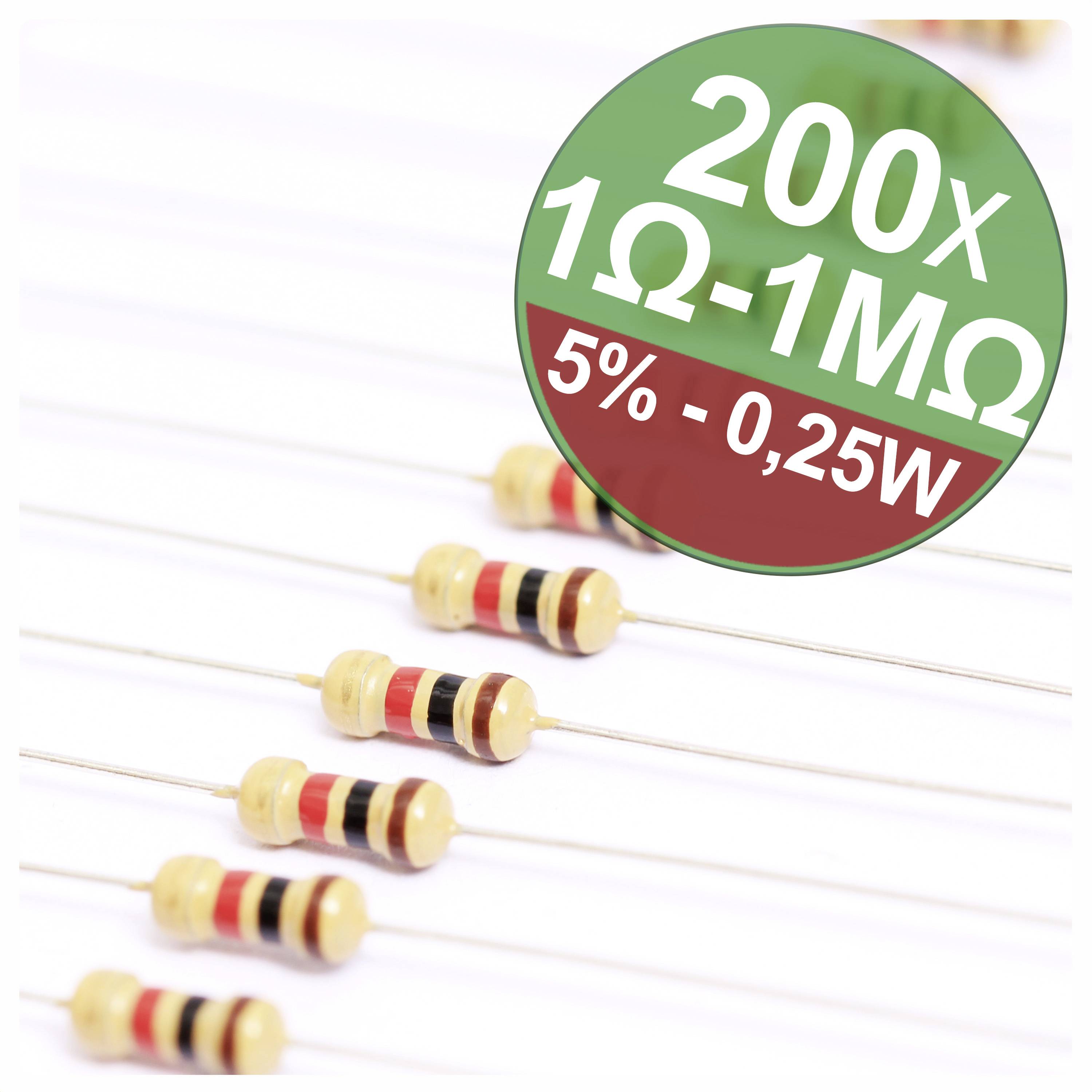 Gros plan de résistances axiales, proposées comme '200x 1Ω-1MΩ, 5%, 0,25W' dans le cercle vert dans le coin.