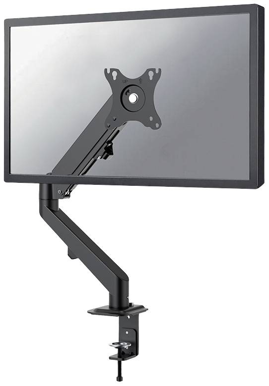 Un bras de moniteur noir unique avec une pince de fixation pour bureau, tenant un écran plat. Idéal pour un positionnement flexible de l'écran.