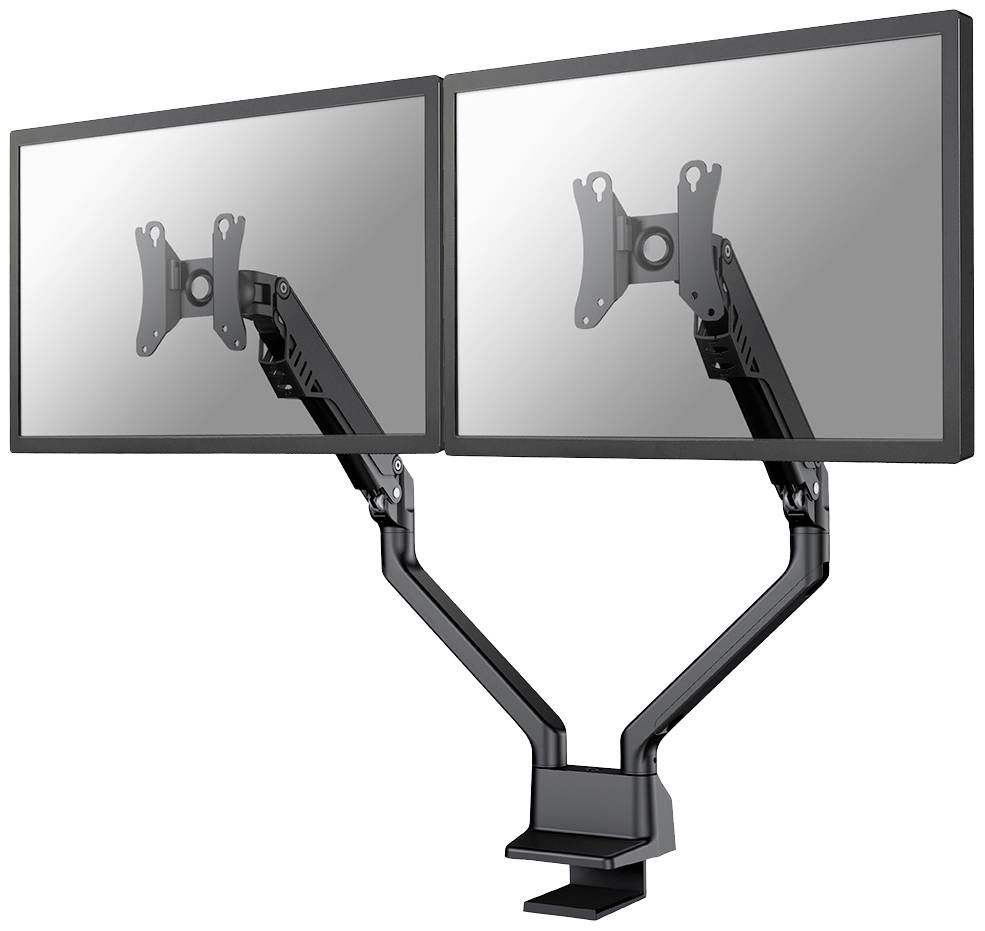 Deux bras de moniteur réglables en noir, chacun supportant un écran. Ils sont montés côte à côte et offrent une orientation flexible.