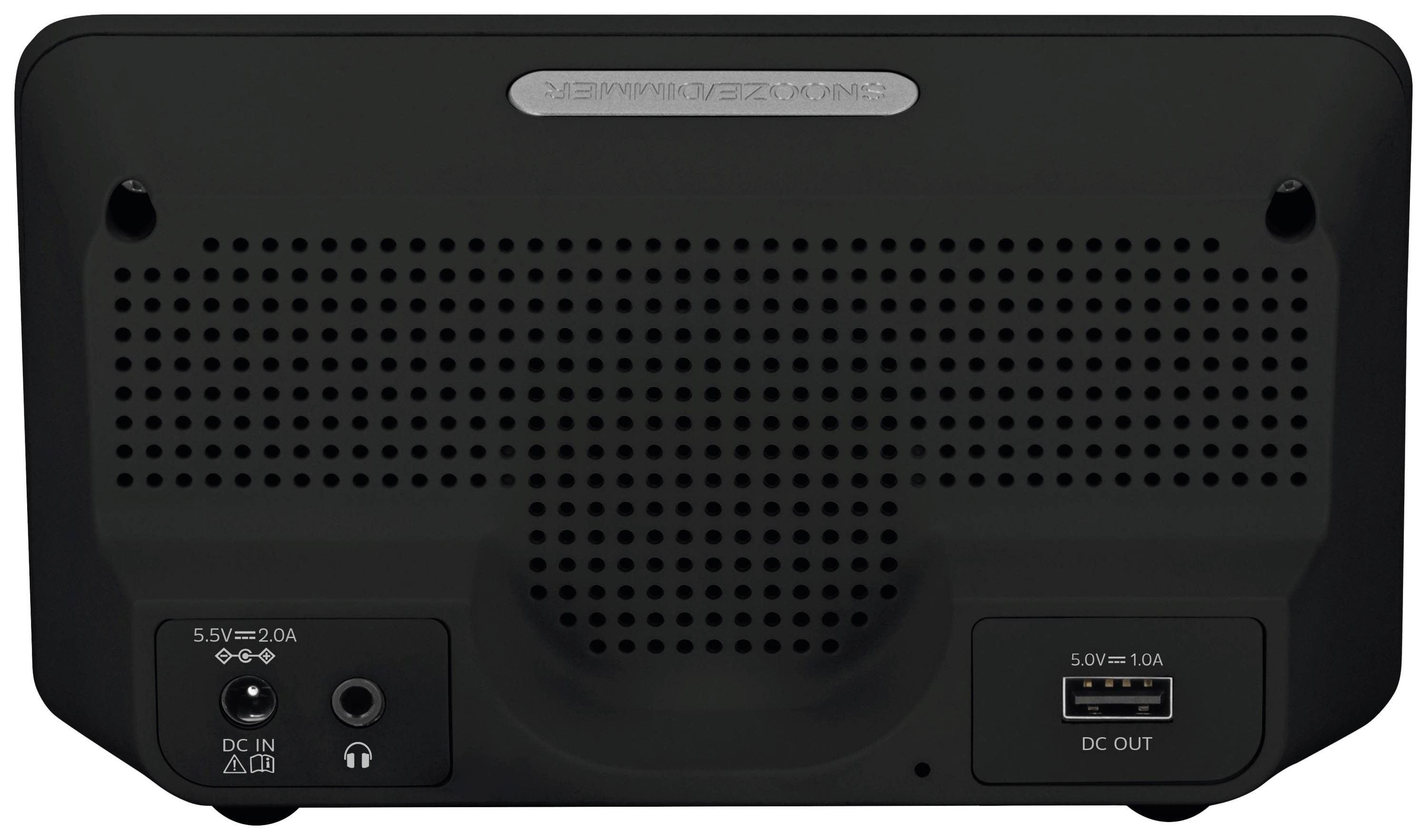 Vue arrière d'un appareil électronique noir avec une prise d'alimentation, une entrée jack pour casque et un port USB. Des fentes de ventilation sont visibles.