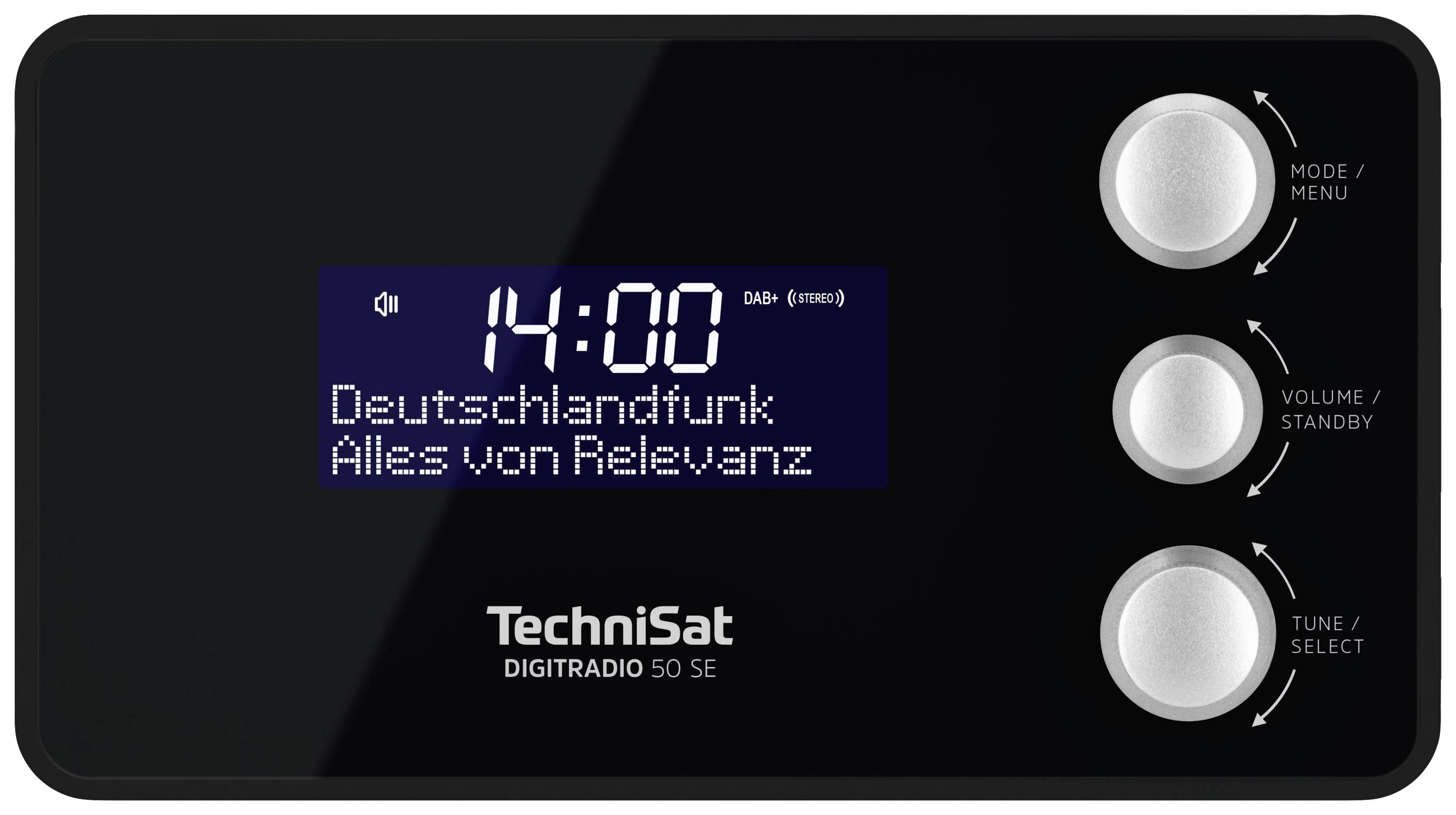 Radio numérique compact avec écran. Affiche '14:00, Deutschlandfunk, Toutes les informations pertinentes'. Trois éléments de commande ronds sur la droite.