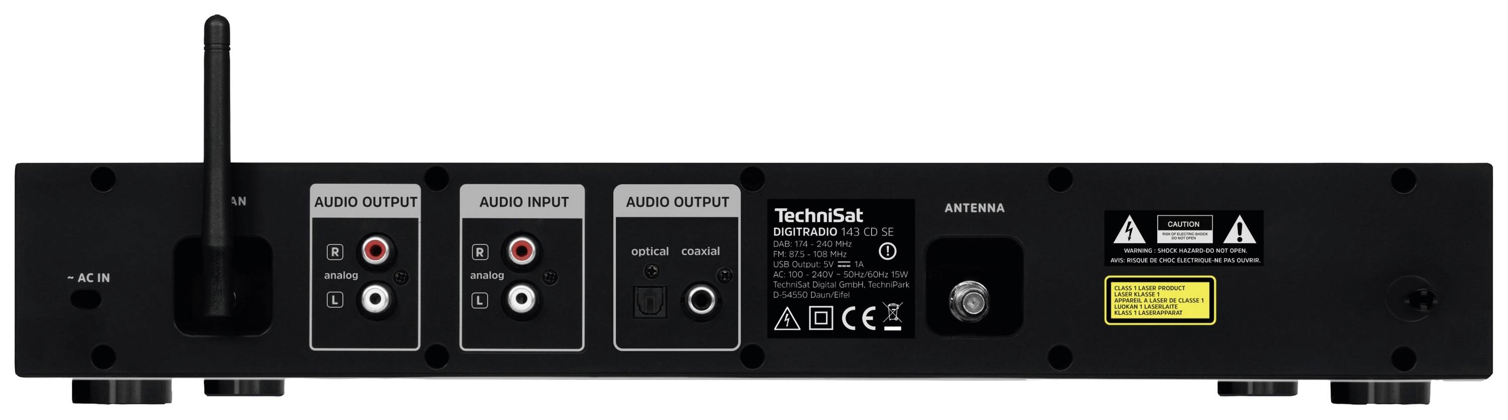 Face arrière d'un appareil audio avec différentes entrées audio, sorties audio, connexion secteur et connexion d'antenne.