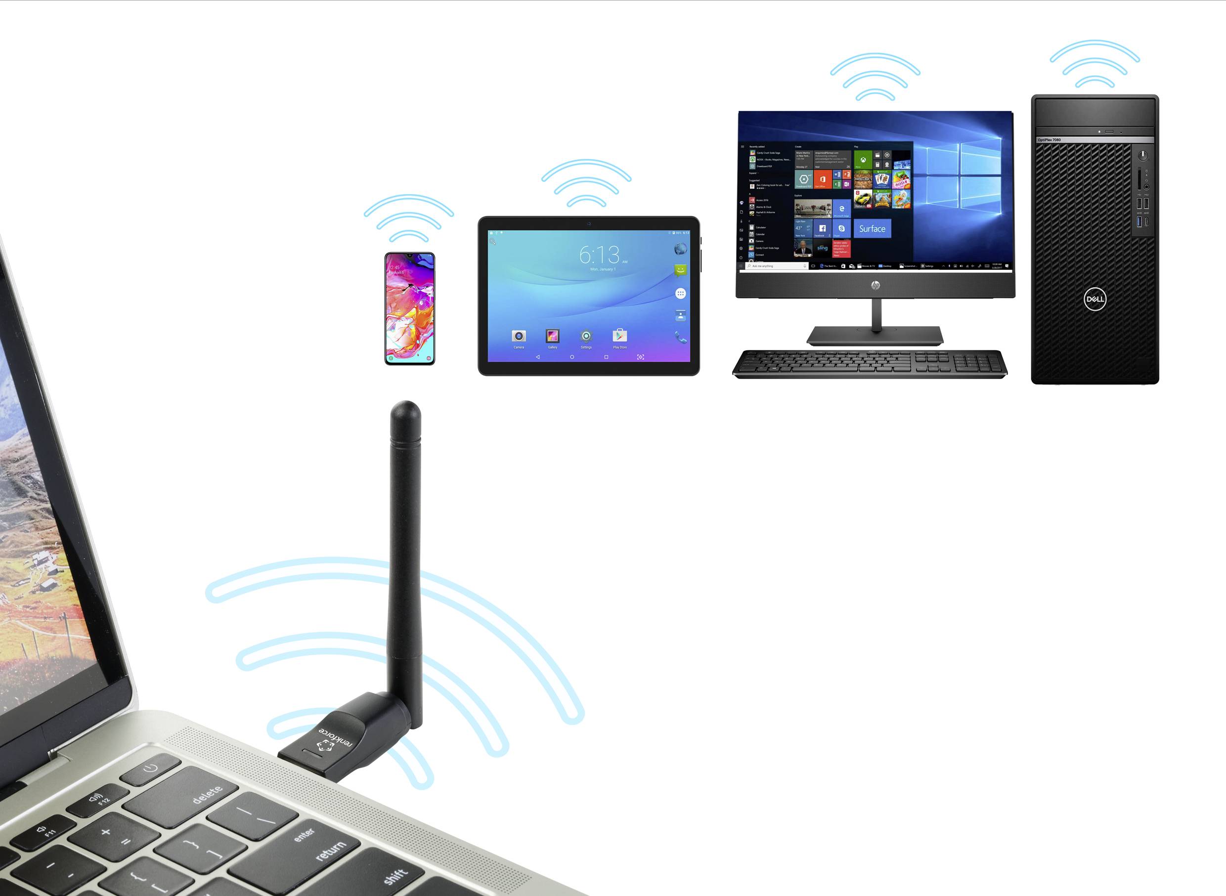 Ordinateur portable et PC communiquent sans fil avec smartphone et tablette. Des symboles illustrent la connexion sans fil de ces appareils au sein d'un réseau.