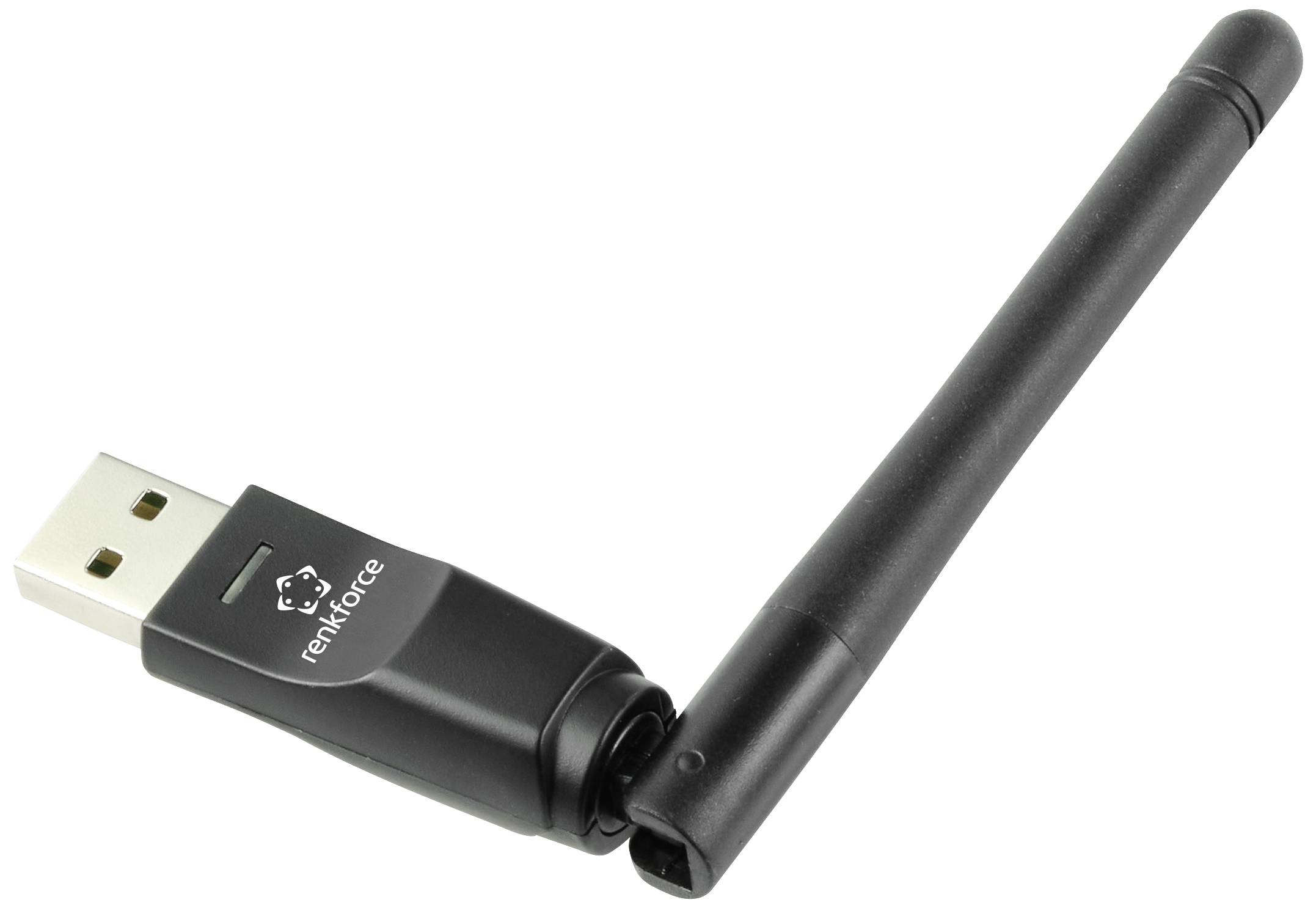 Adaptateur USB Wi-Fi noir avec une antenne amovible et rotative, portant l'inscription 'renkforce' sur le boîtier.