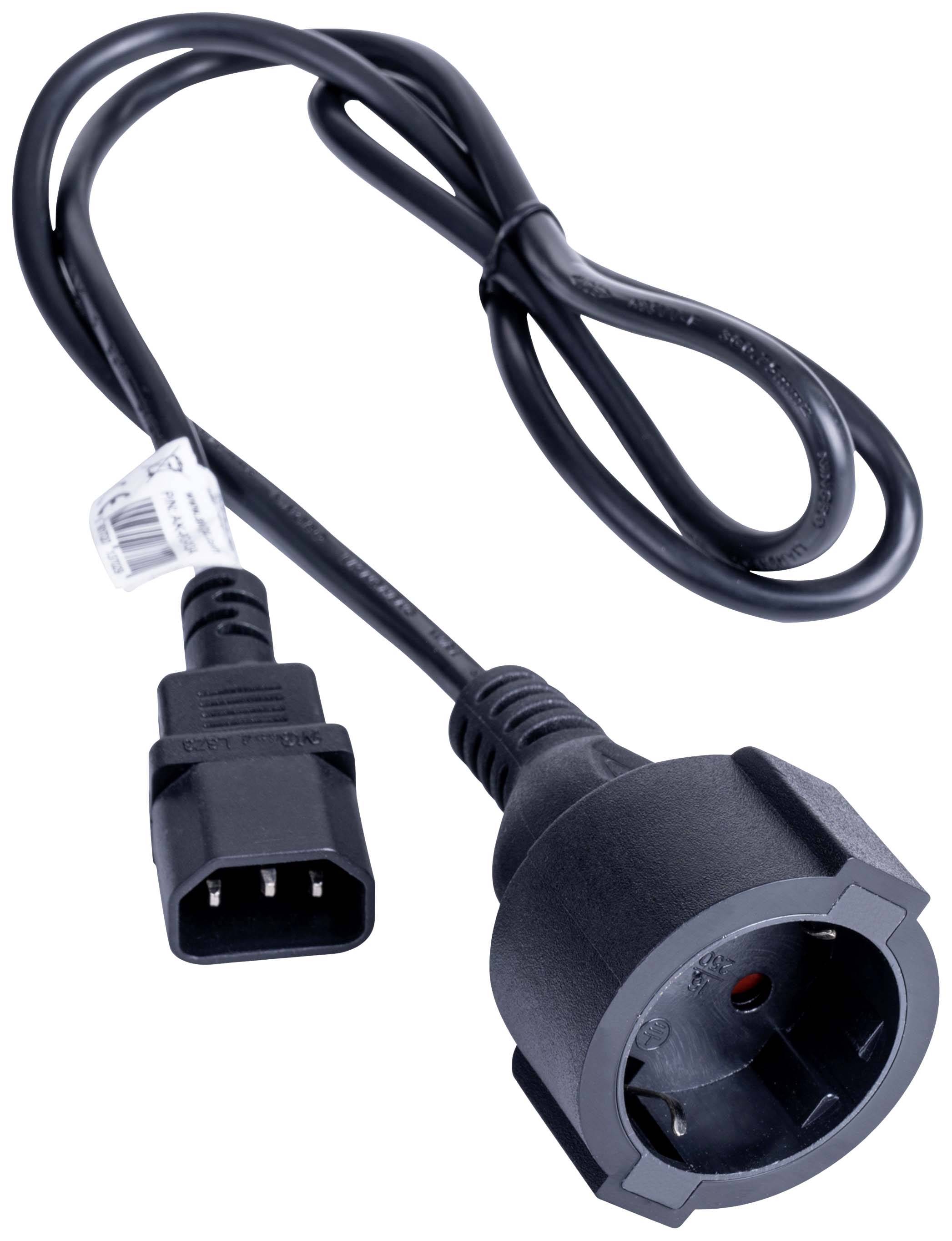 Adaptateur de câble électrique de fiche C14 à prise Schuko, noir, adapté pour connecter des appareils avec des formats de fiches différents.