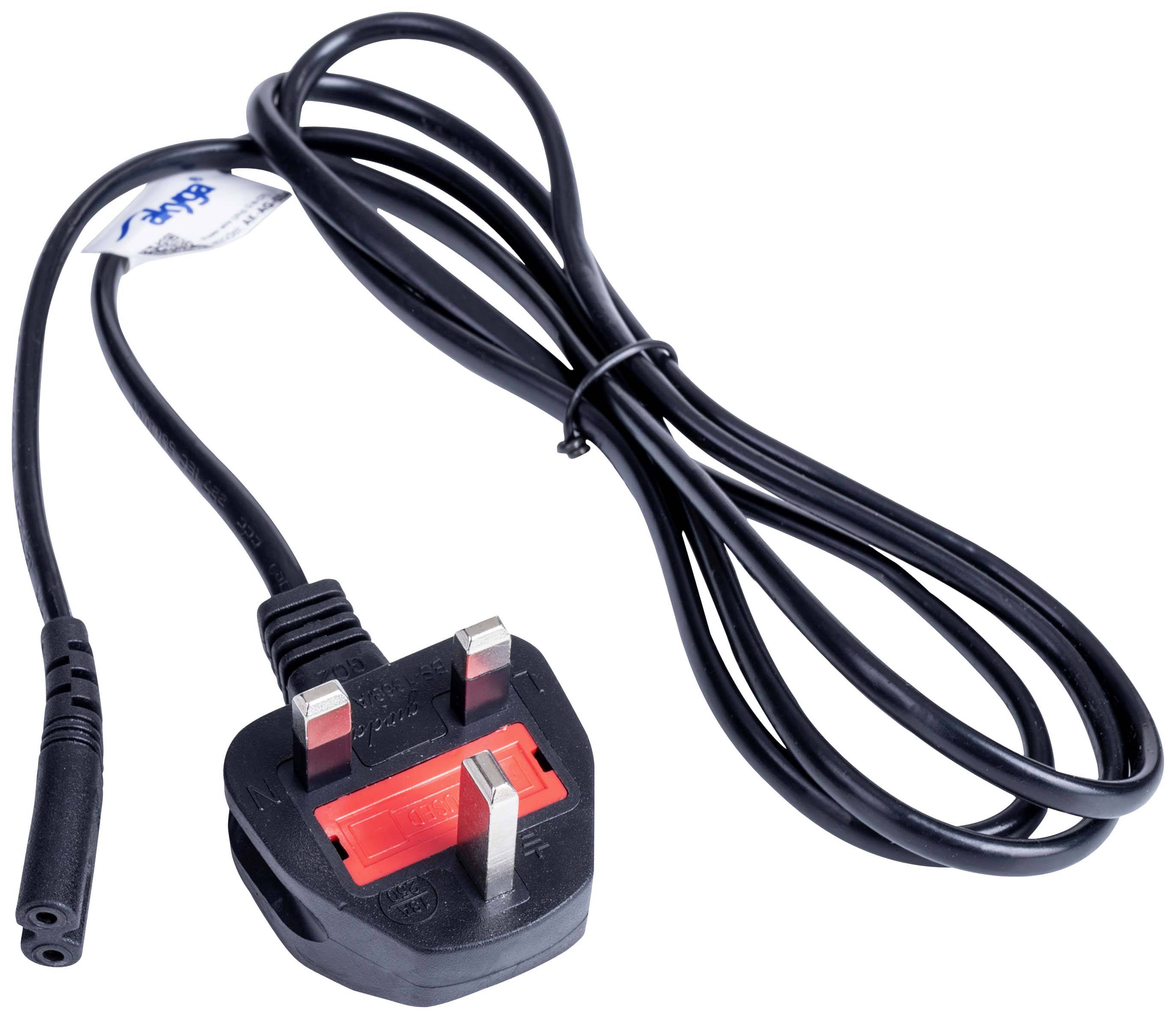 Un câble réseau noir avec une fiche britannique, une protection de fusible rouge et une extrémité ouverte pour la connexion à des appareils électriques.