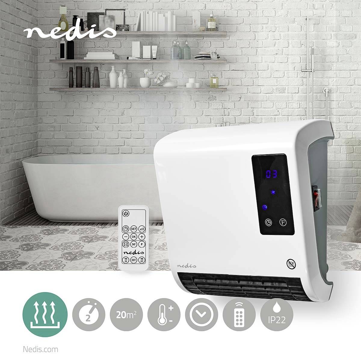 Chauffage moderne avec affichage LED dans la salle de bain, indiquant la température. Télécommande incluse. Adapté pour des espaces allant jusqu'à 20 m².