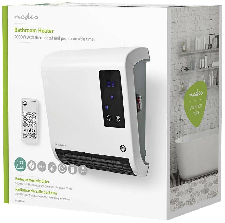 Ventilateur de salle de bain avec thermostat et minuterie programmable. Puissance de 2000W. Le coffret présente l'image du produit et le mode d'emploi.